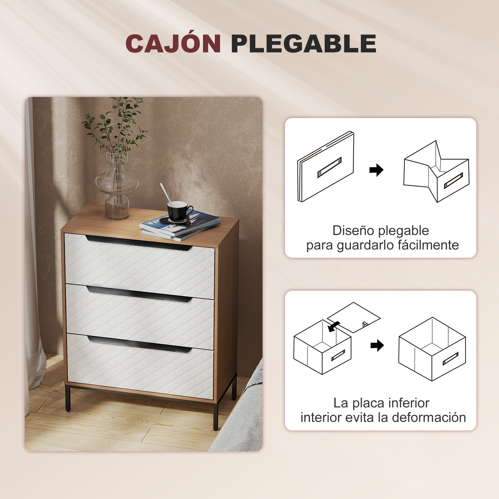 Una cómoda blanca de tres cajones con tapa de madera, junto a un jarrón con plantas.