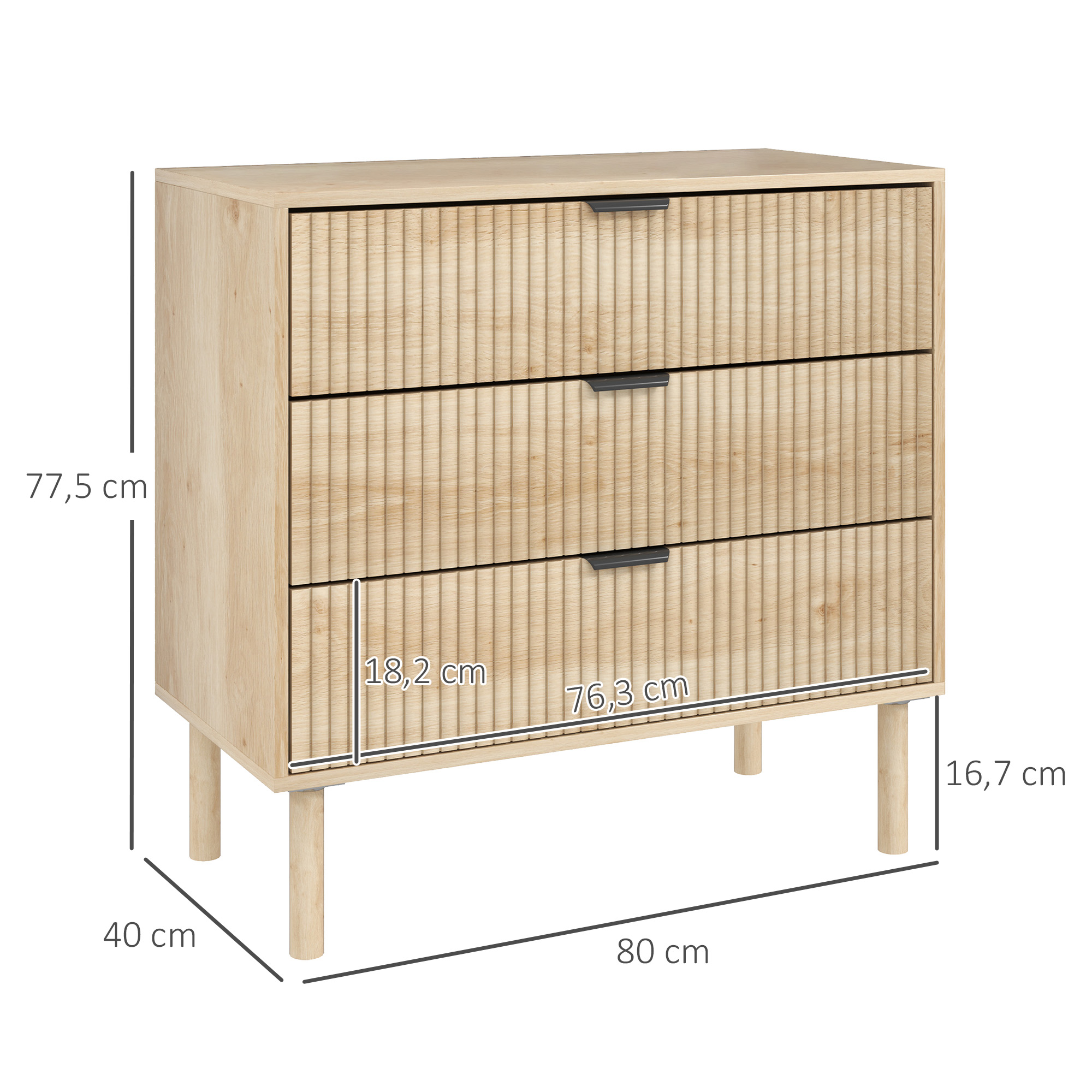 Cómoda de madera con tres cajones y tiradores negros, se muestran las medidas.