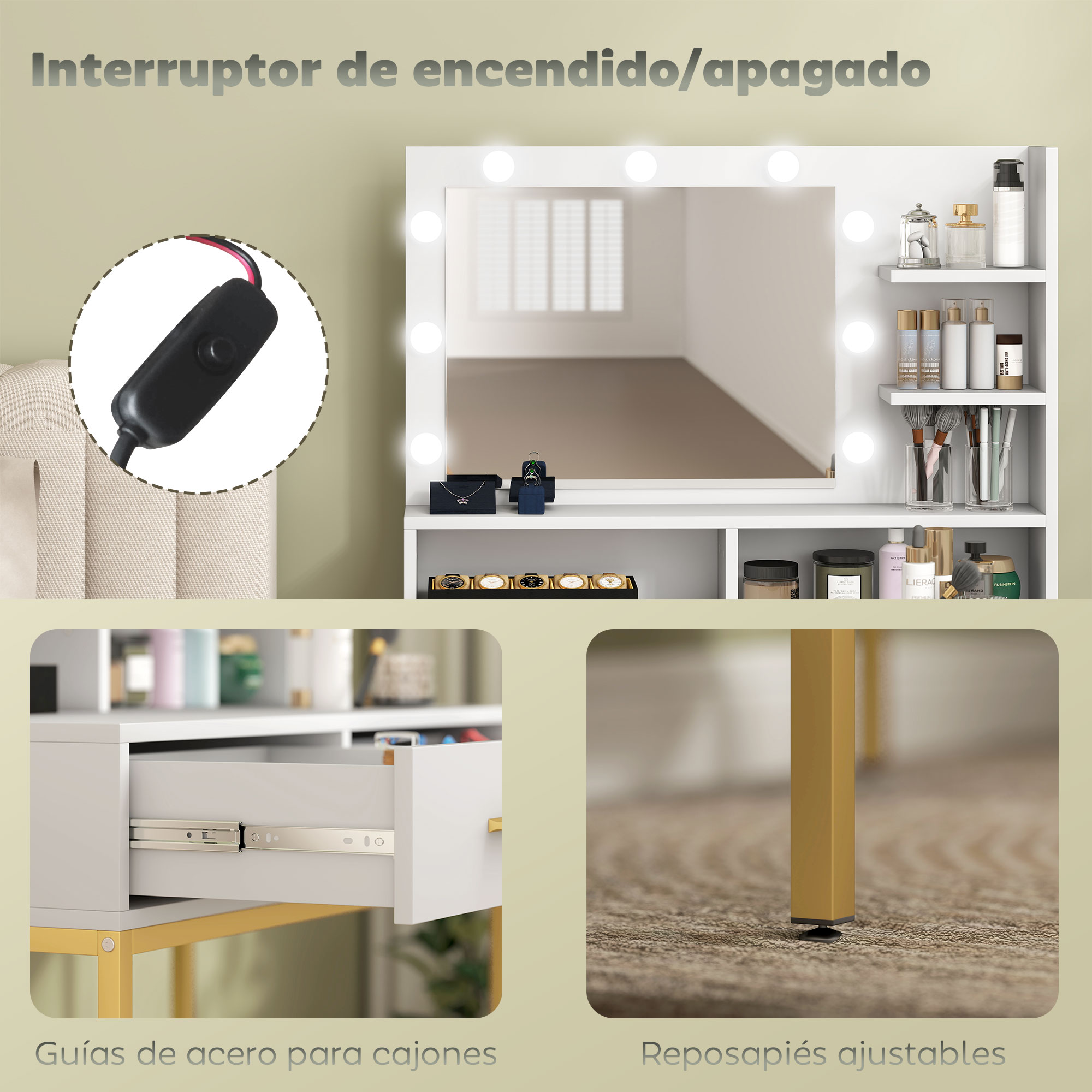 Tocador con espejo iluminado, cajones y estantes. Muestra interruptor, guía de cajón y reposapiés.