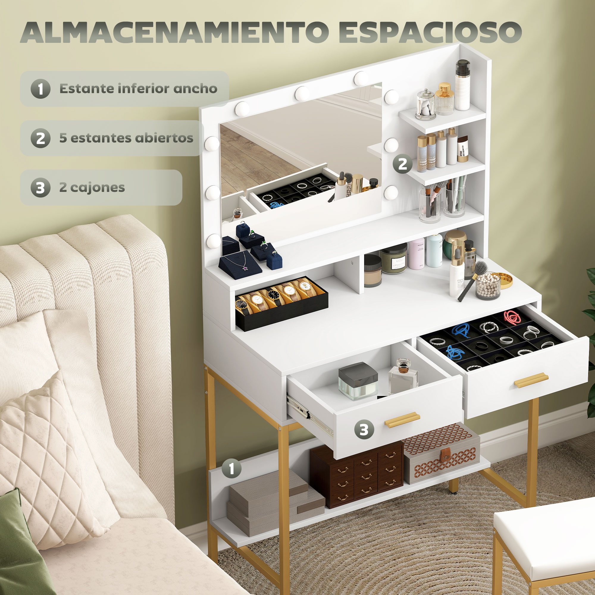 Tocador blanco con espejo, luces, cajones y almacenamiento abierto.
