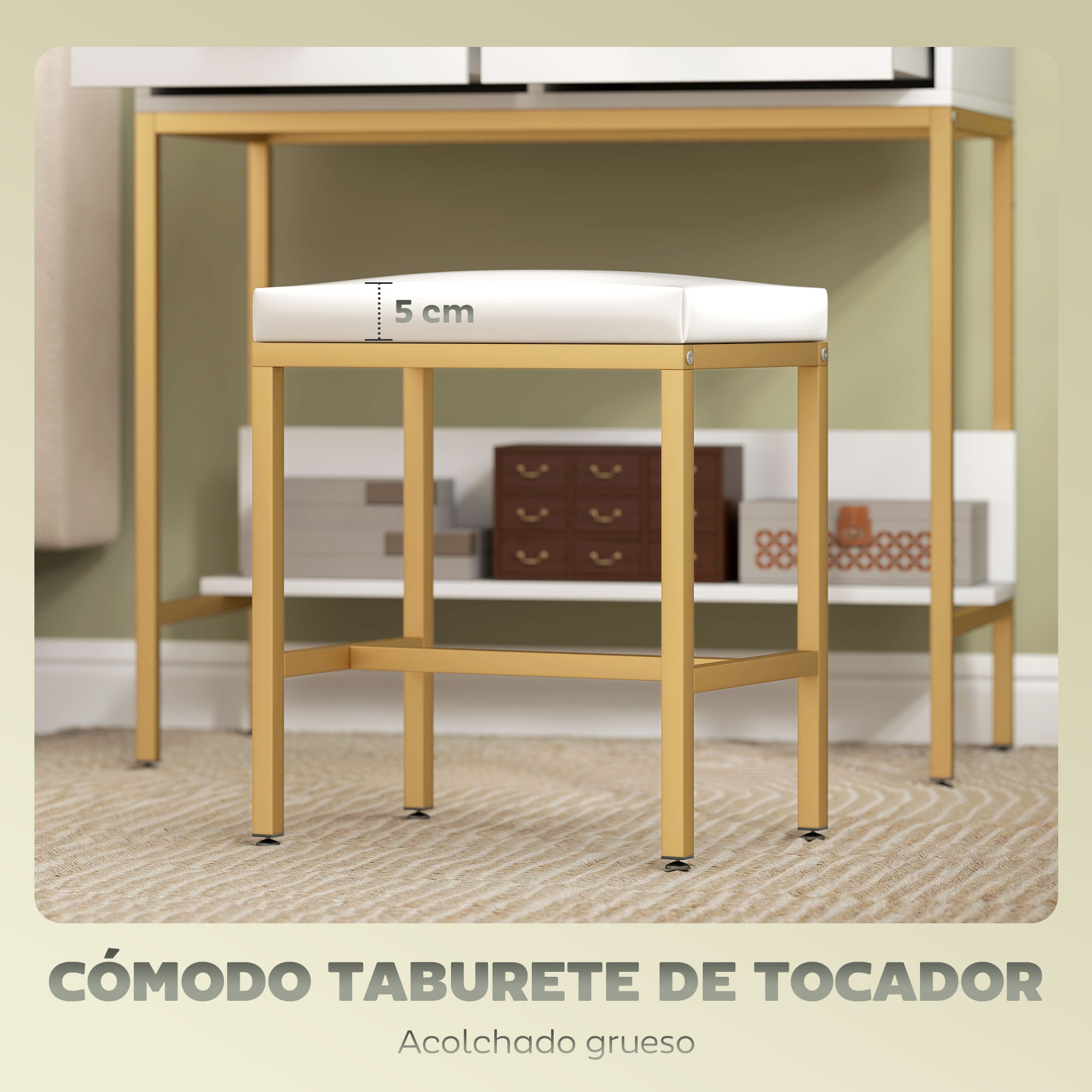 Taburete dorado con asiento acolchado blanco de 5 cm de grosor.