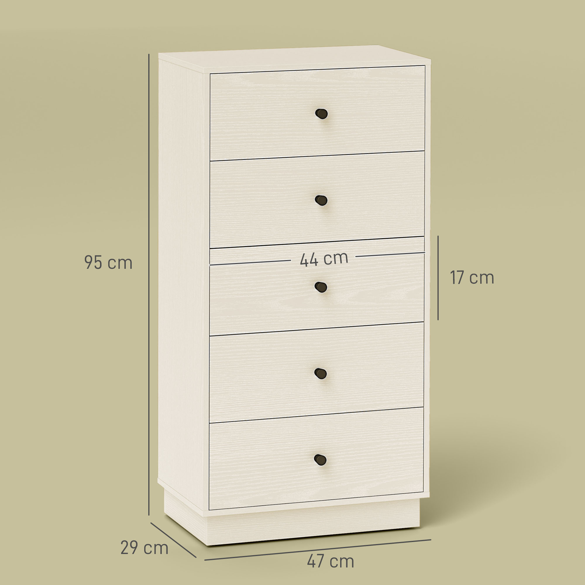 Cómoda de madera clara con 5 cajones y tiradores negros.