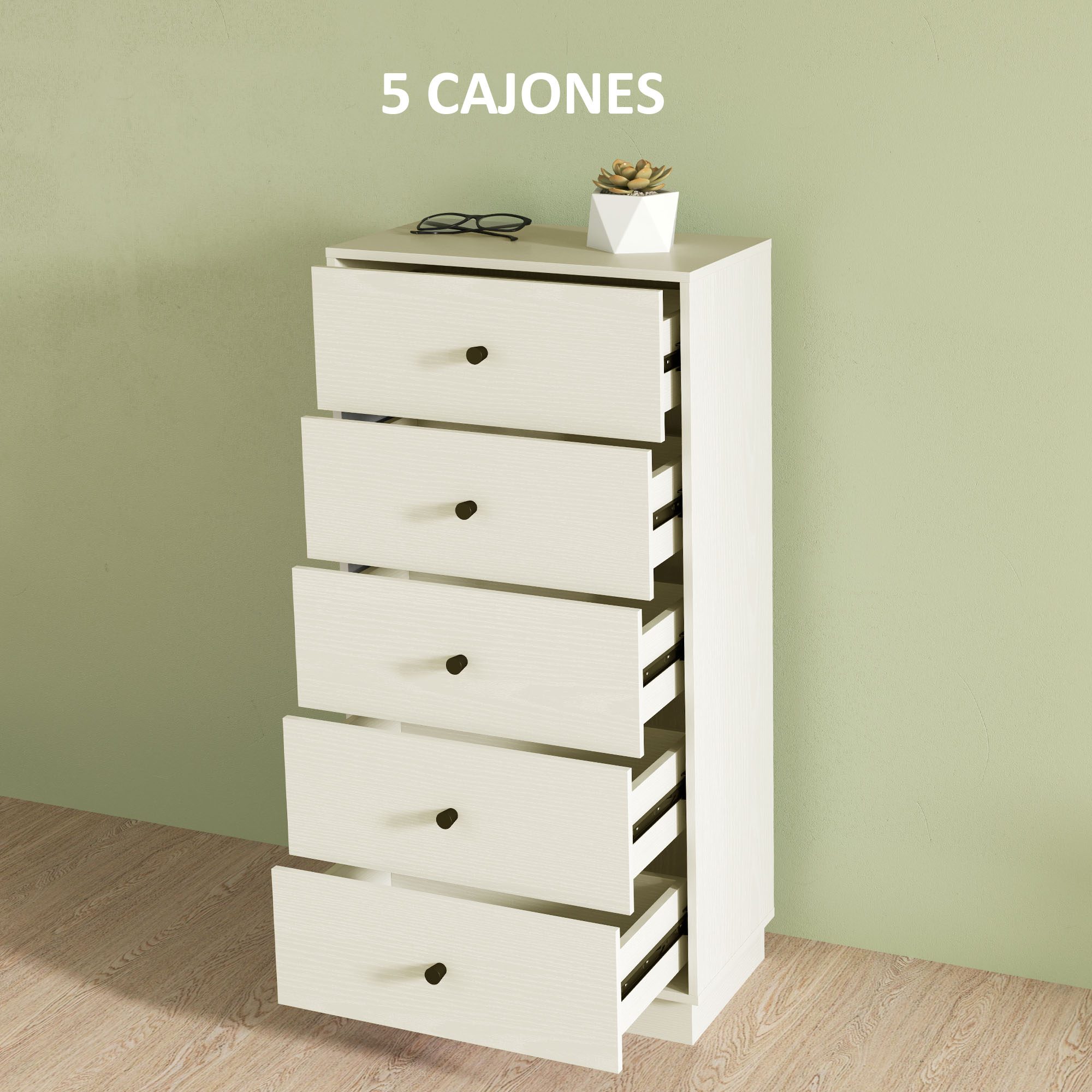 Un mueble blanco de cinco cajones sobre suelo de madera.