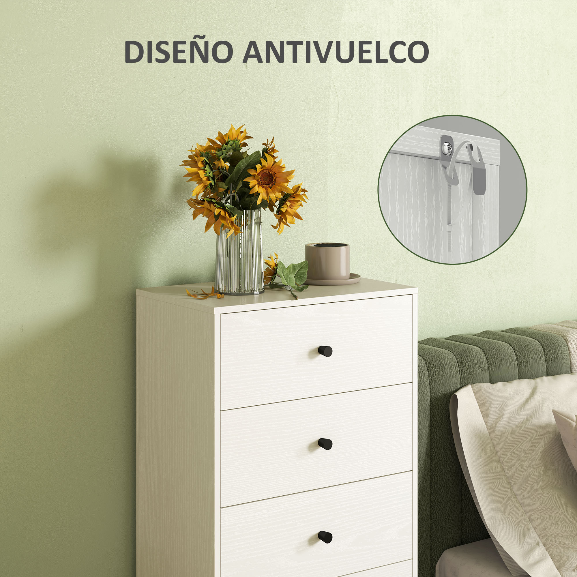 Una cómoda blanca con girasoles y una taza de café, al lado de una cama.