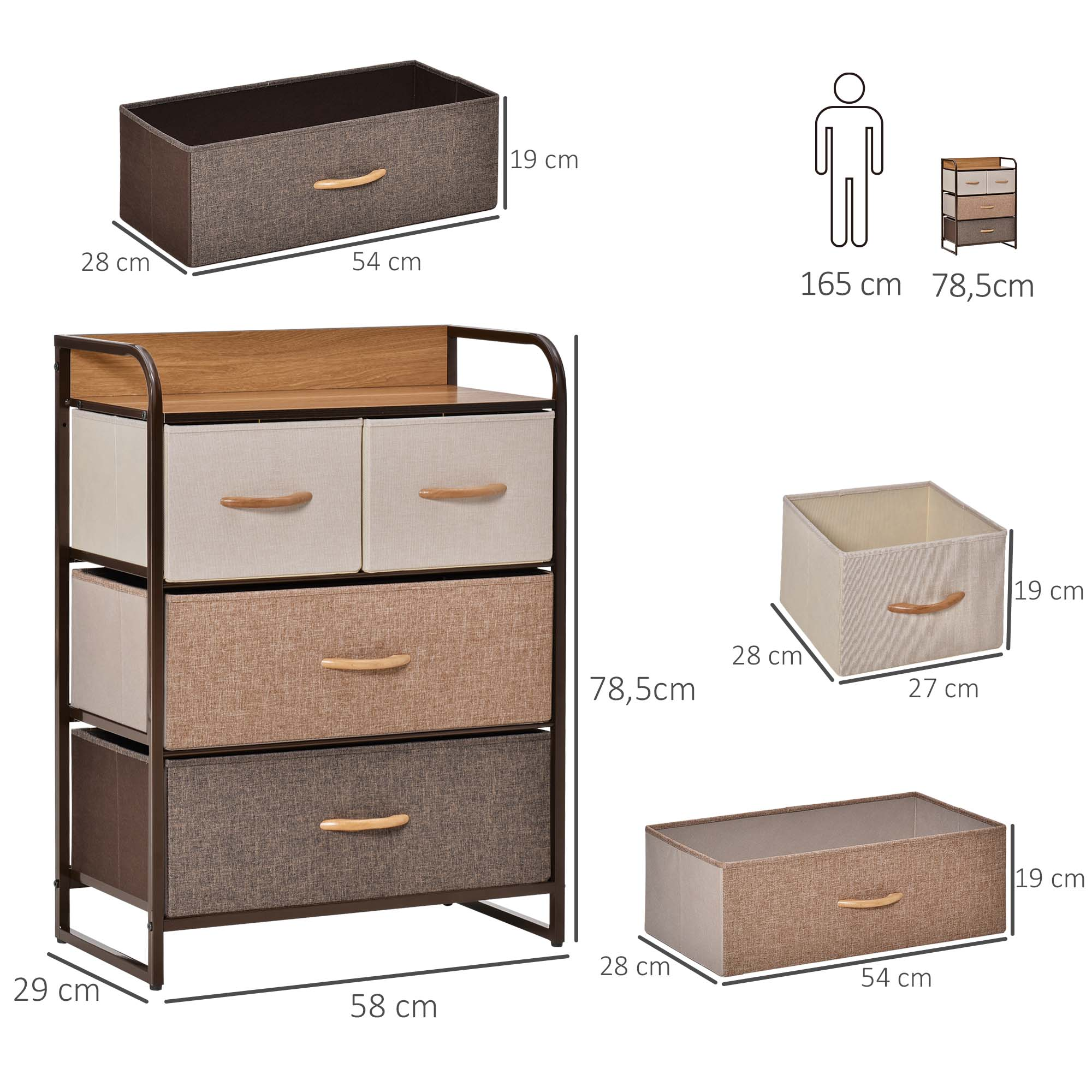 Cómoda de tela con cajones y tiradores de madera. Se muestran las dimensiones.