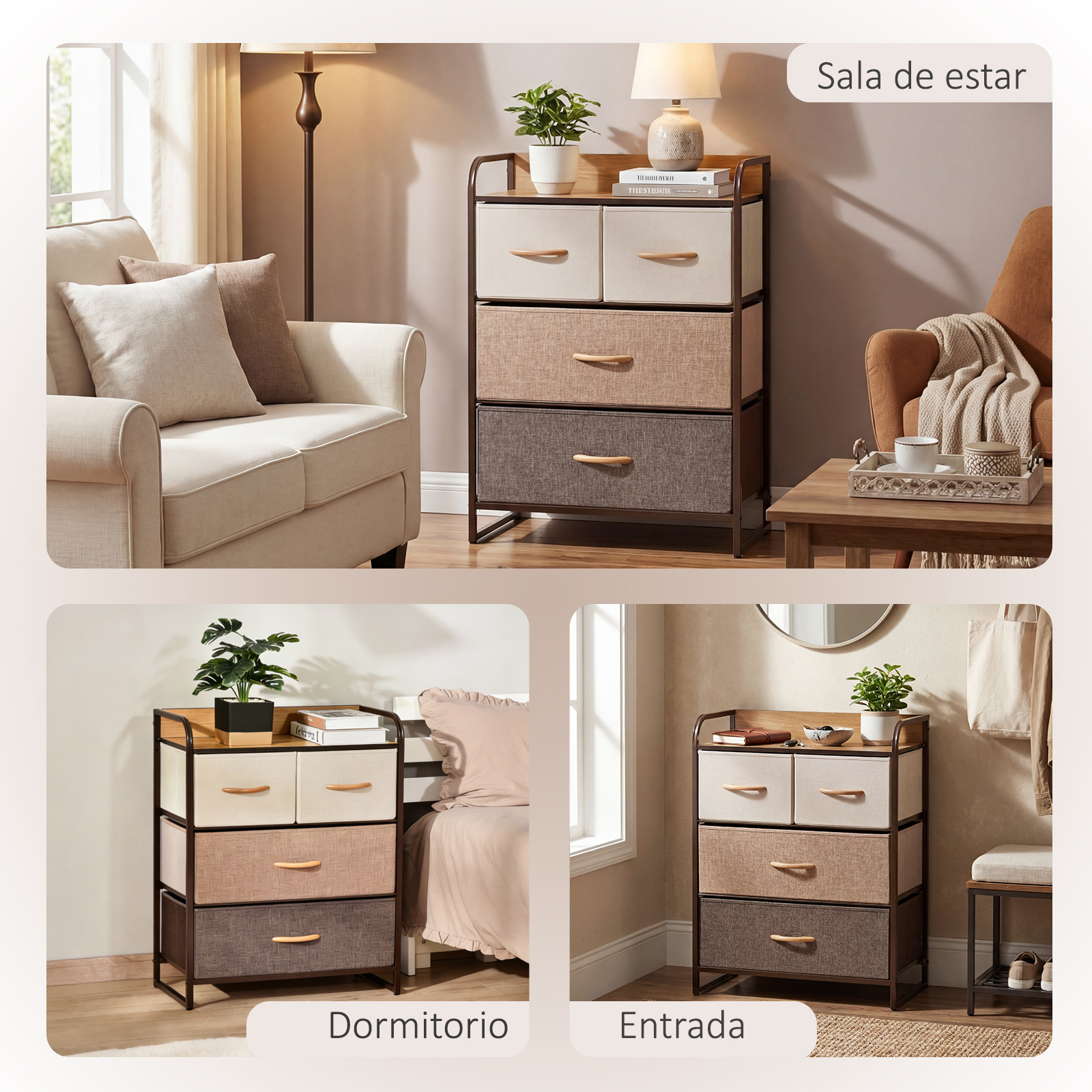 Cómoda de tela de 4 cajones en tonos marrones junto a un sofá.