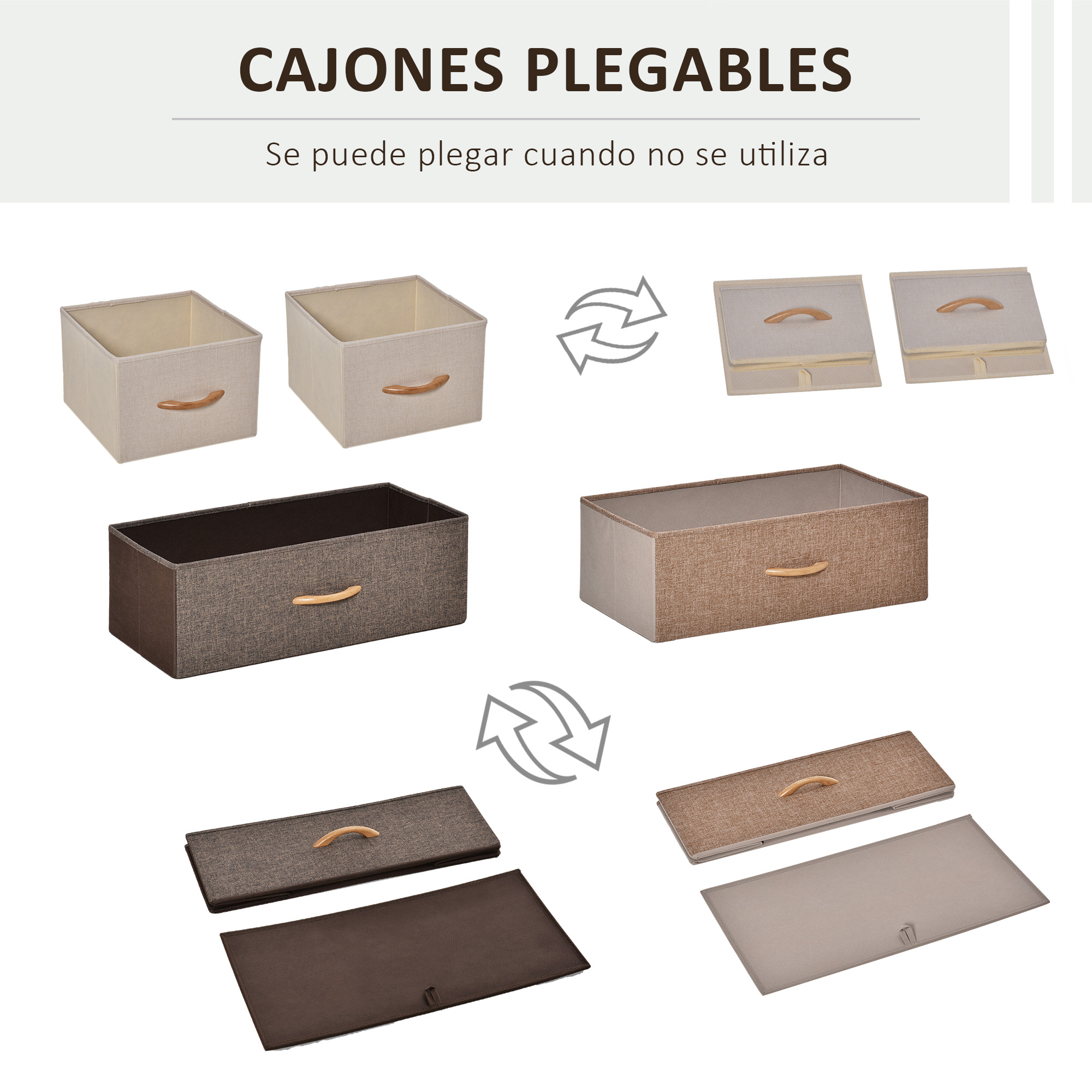 Cajones de tela beige y marrones con asas de madera, abiertos y cerrados.