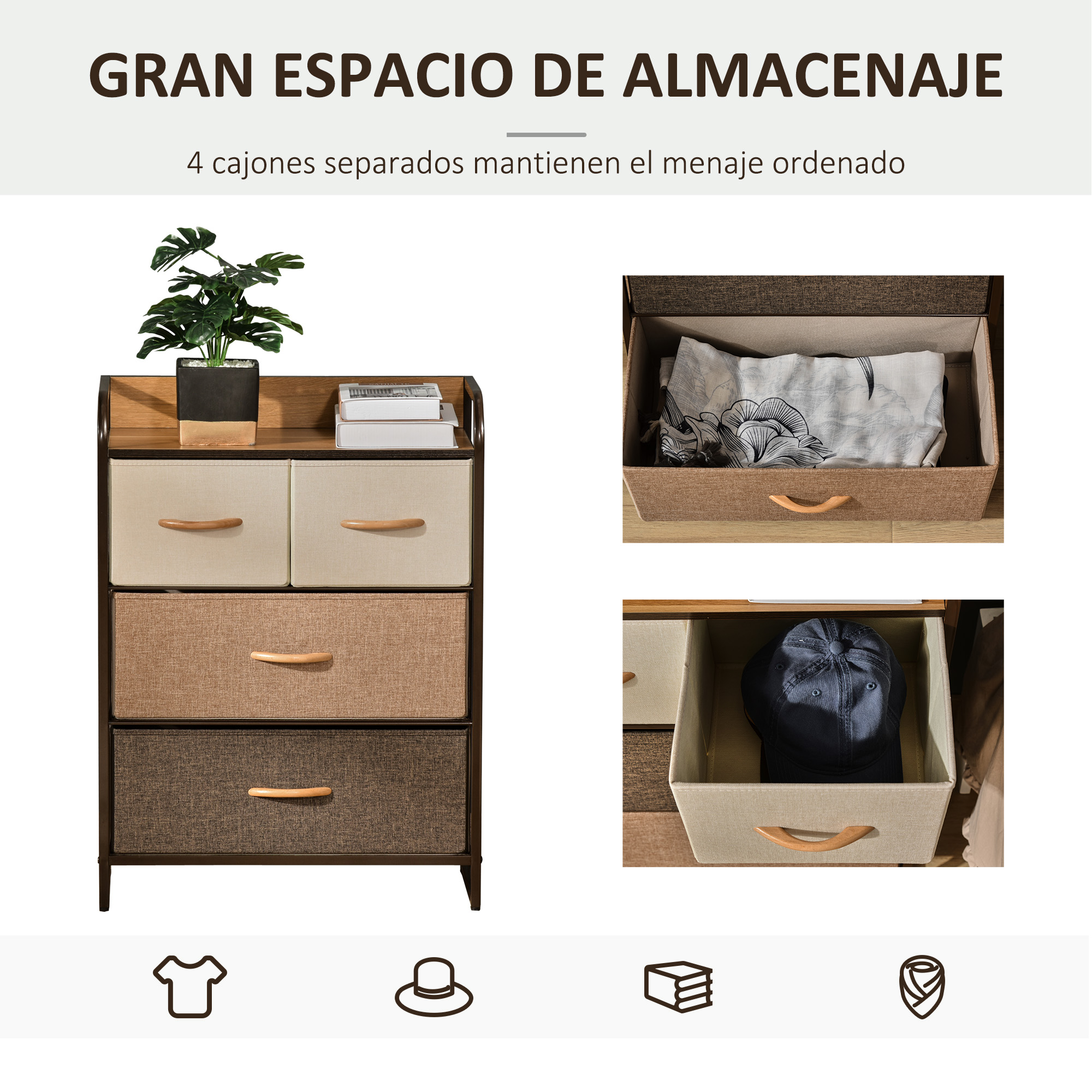 Cómoda con cajones de tela, planta y libros arriba. Dos cajones abiertos.