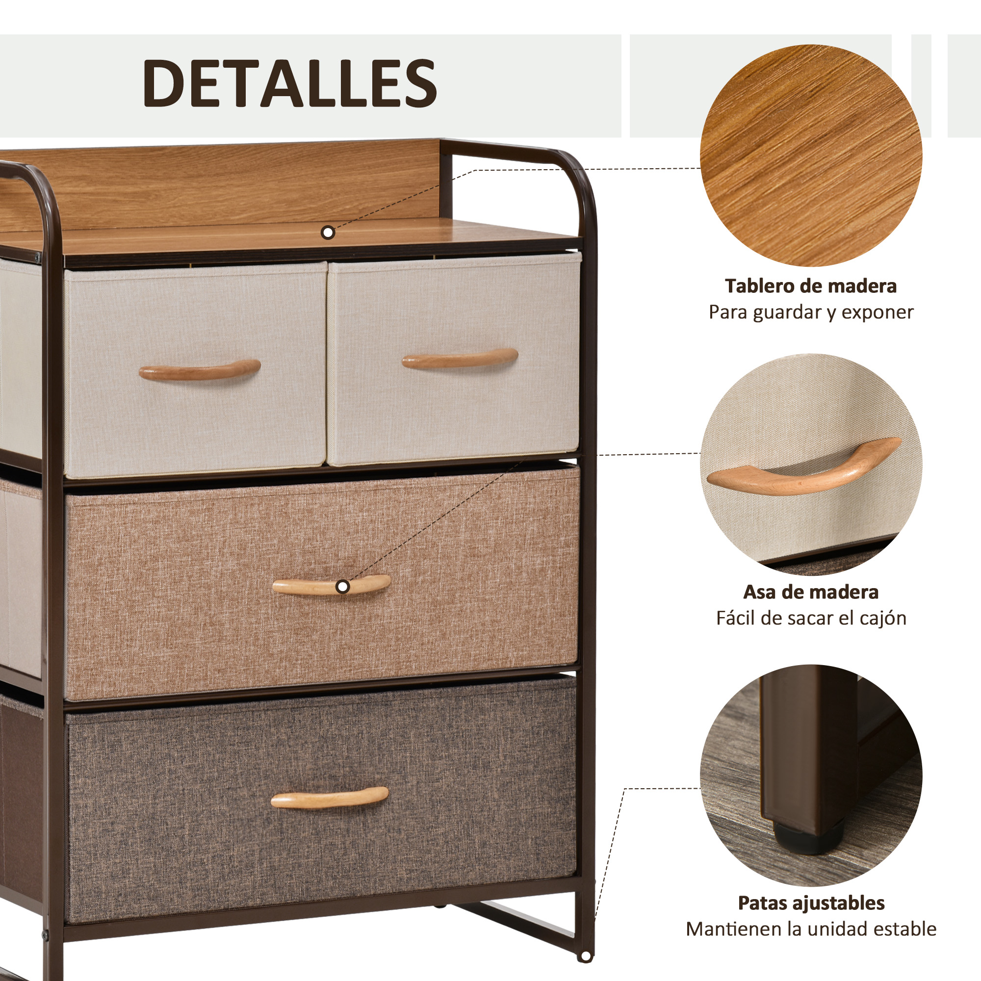 Una cómoda de tela con tapa de madera, tiradores de madera y marco.