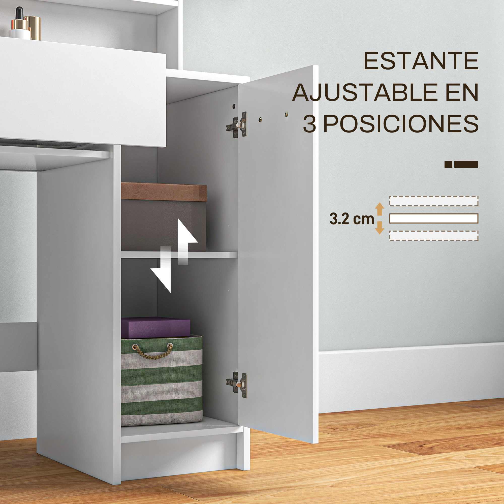 Un armario blanco con una puerta abierta que muestra tres estantes y cajas.