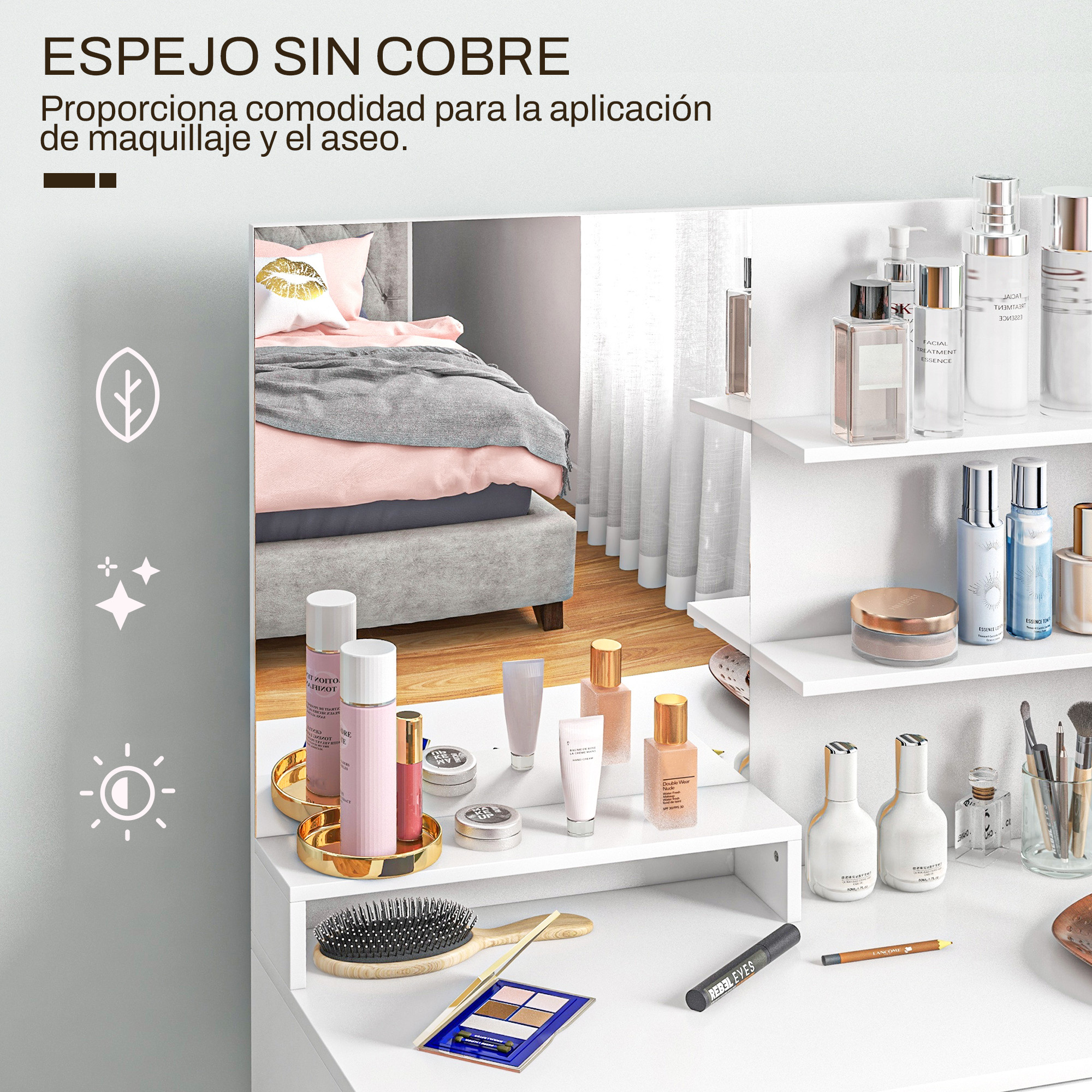 Un tocador con espejo, cosméticos y una cama al fondo.