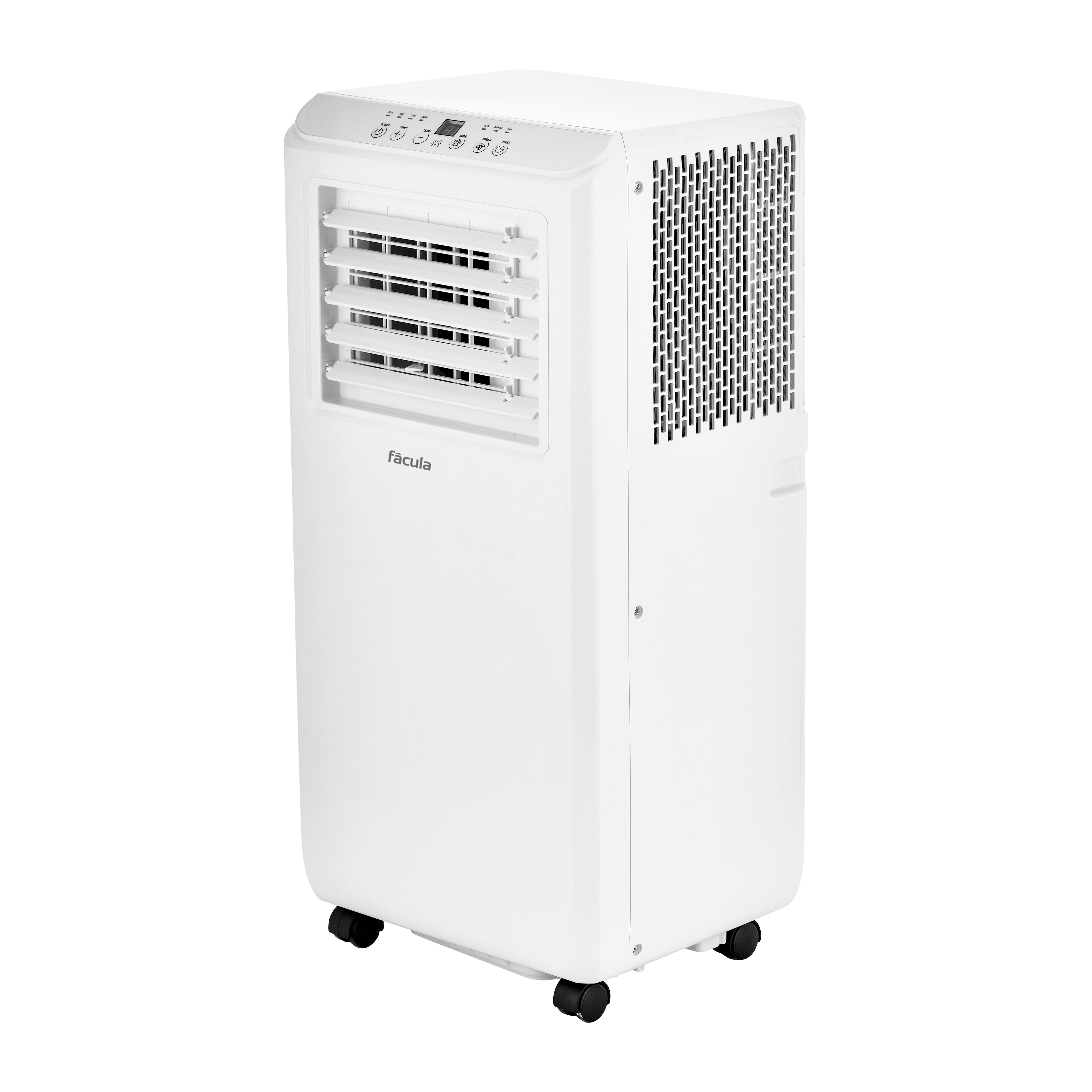 Un aire acondicionado portátil blanco con ruedas y panel de control.