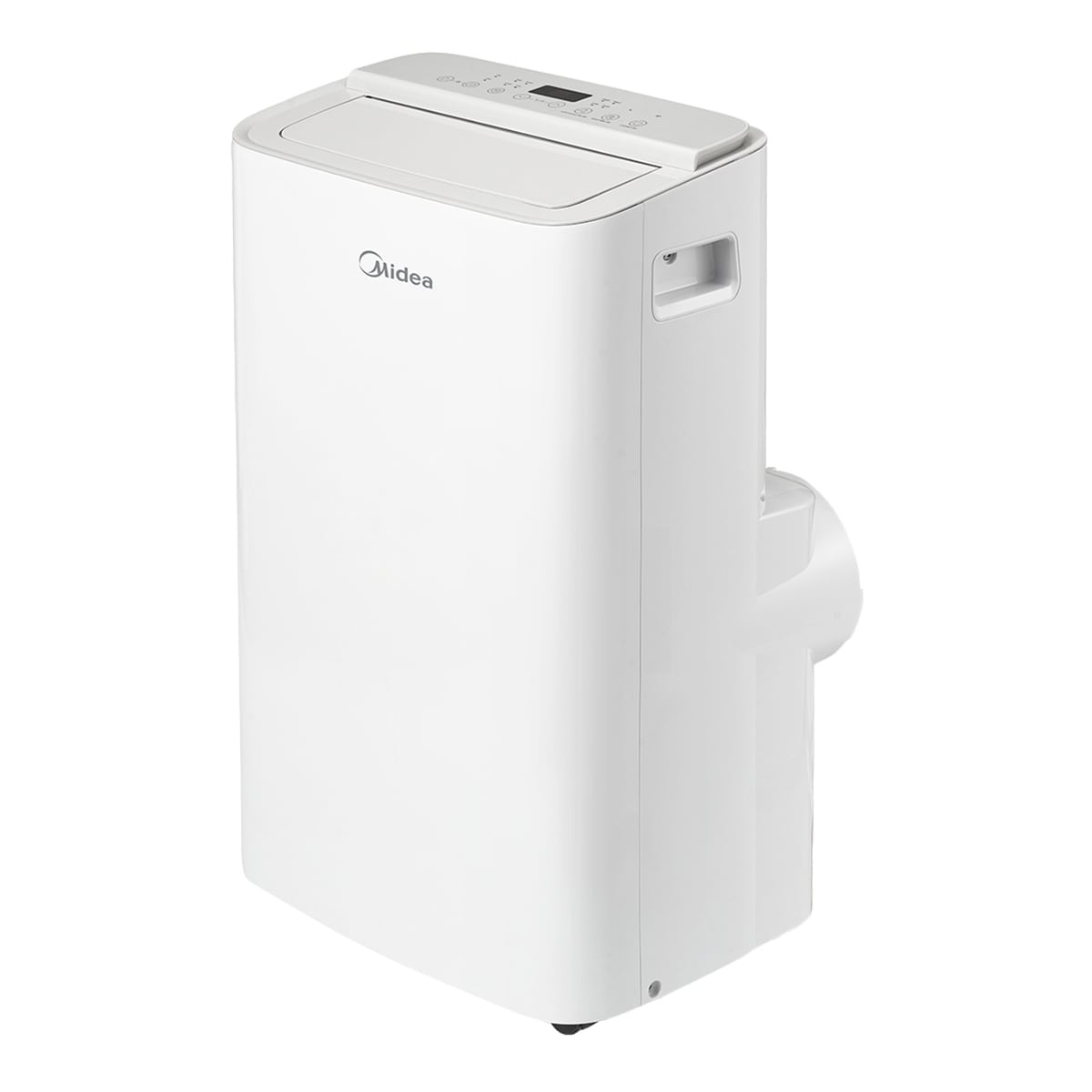 Una torre blanca de aire acondicionado portátil con manguera de escape.