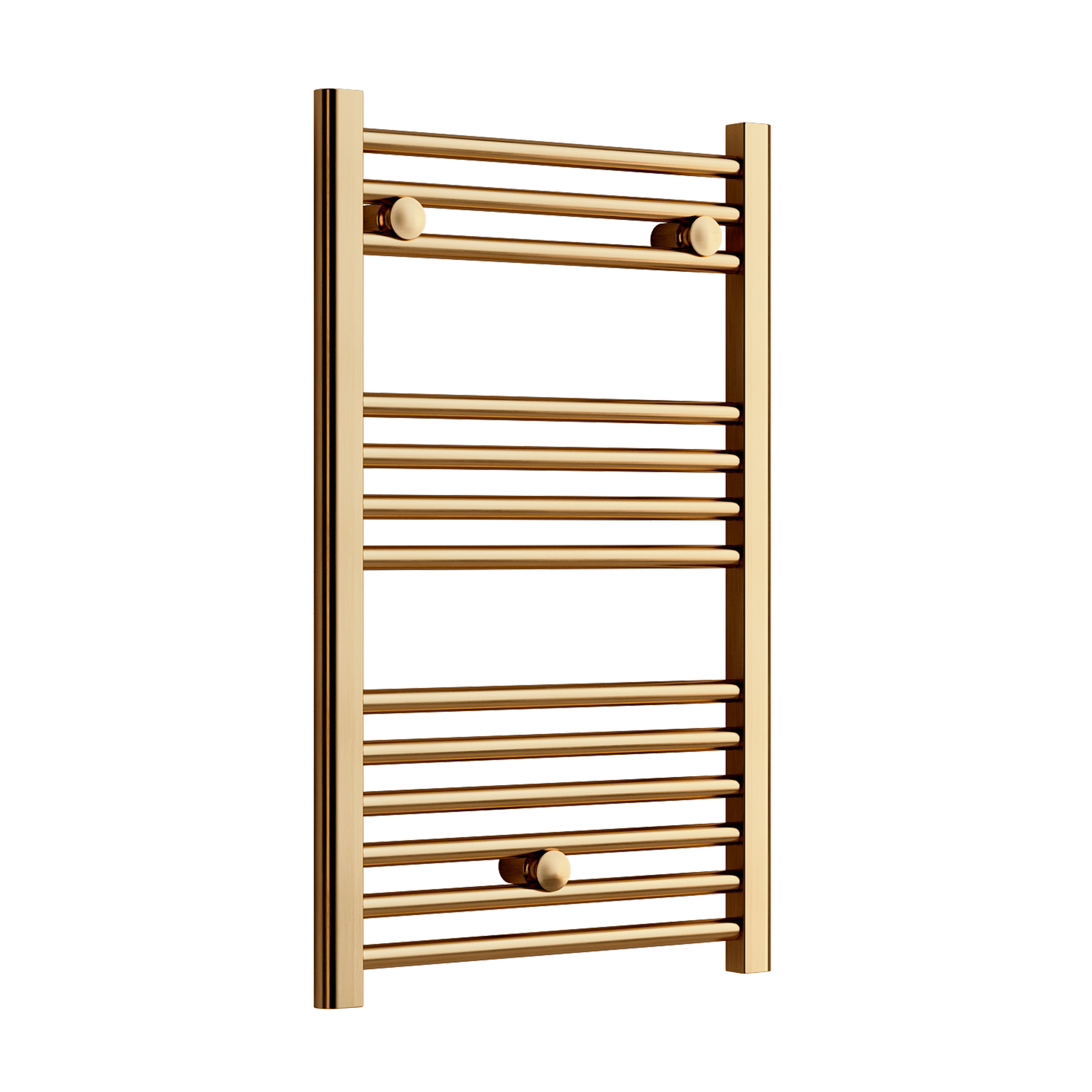 Un toallero dorado brillante con barras horizontales y laterales verticales.
