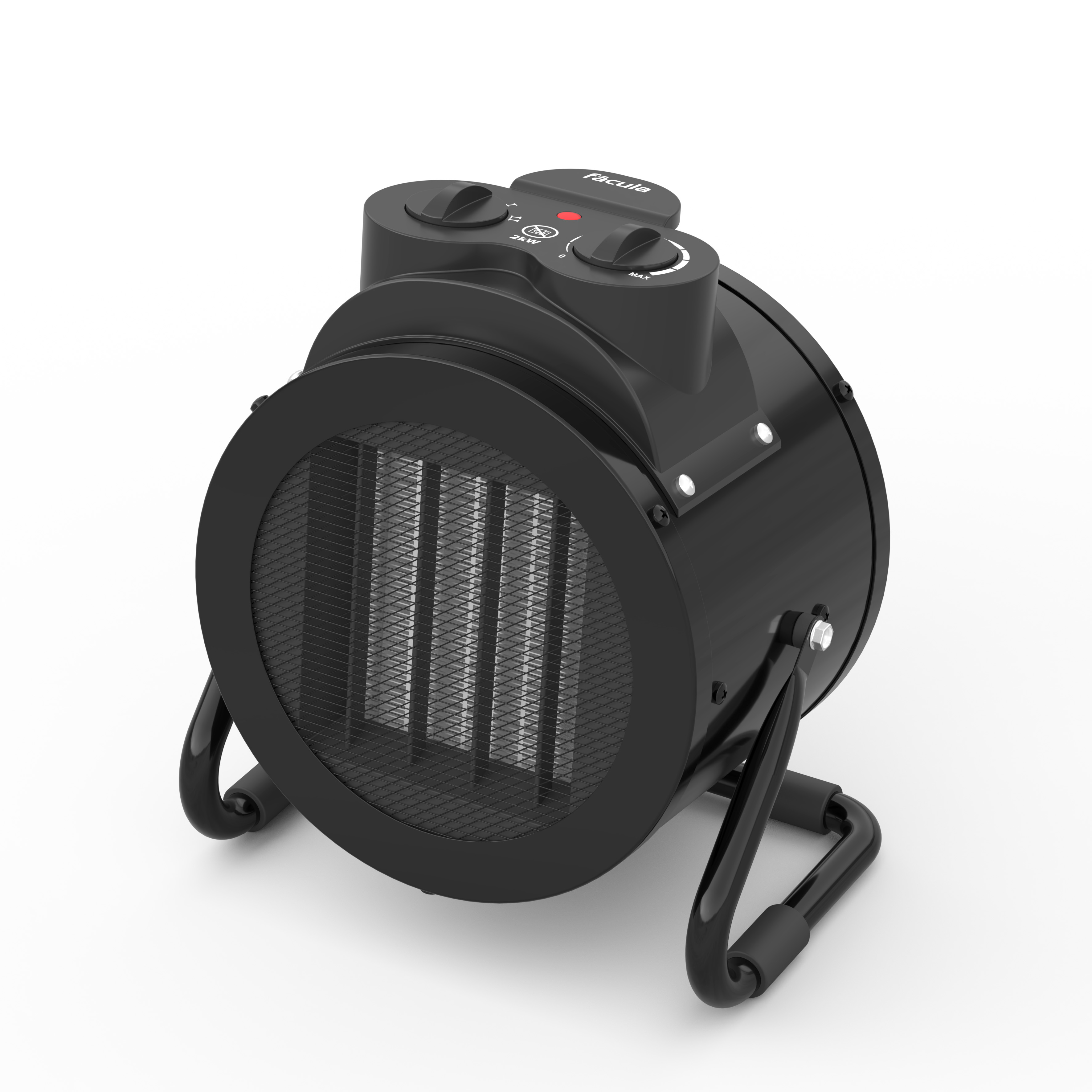 Un calefactor de ventilador negro con dos perillas y una luz roja.