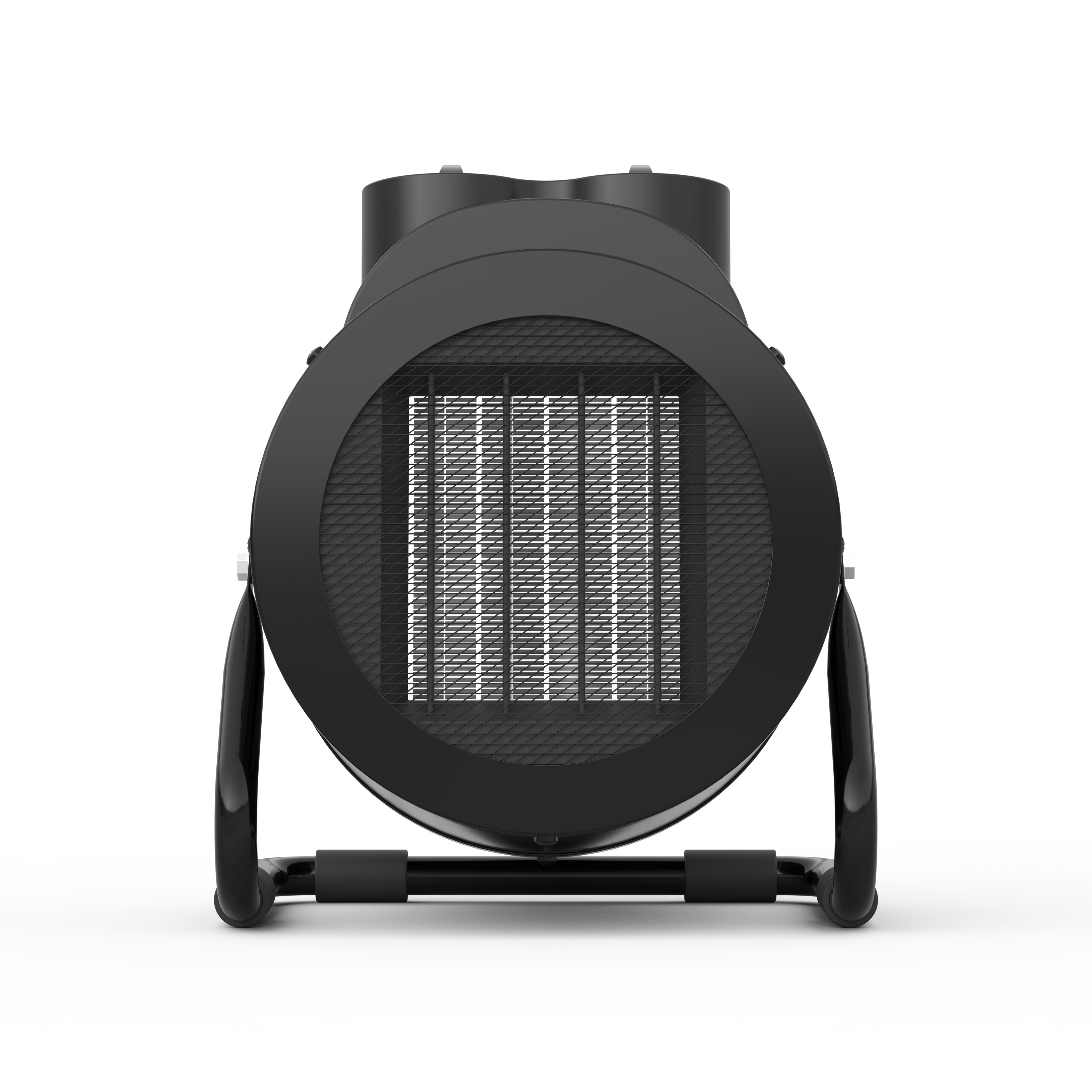 Calentador de ventilador negro con rejilla metálica, sobre fondo blanco.