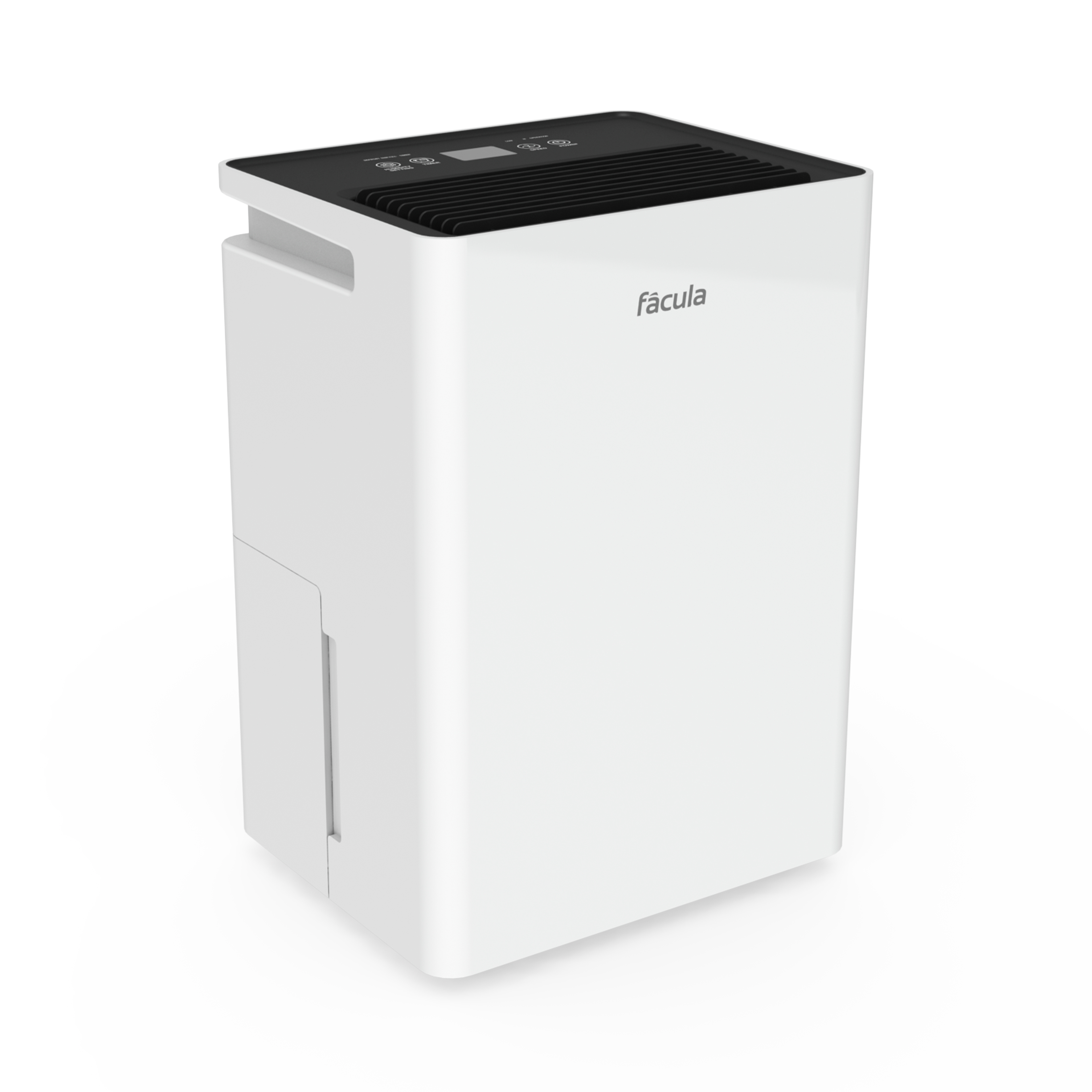 Un deshumidificador blanco con parte superior negra y rejillas de ventilación.
