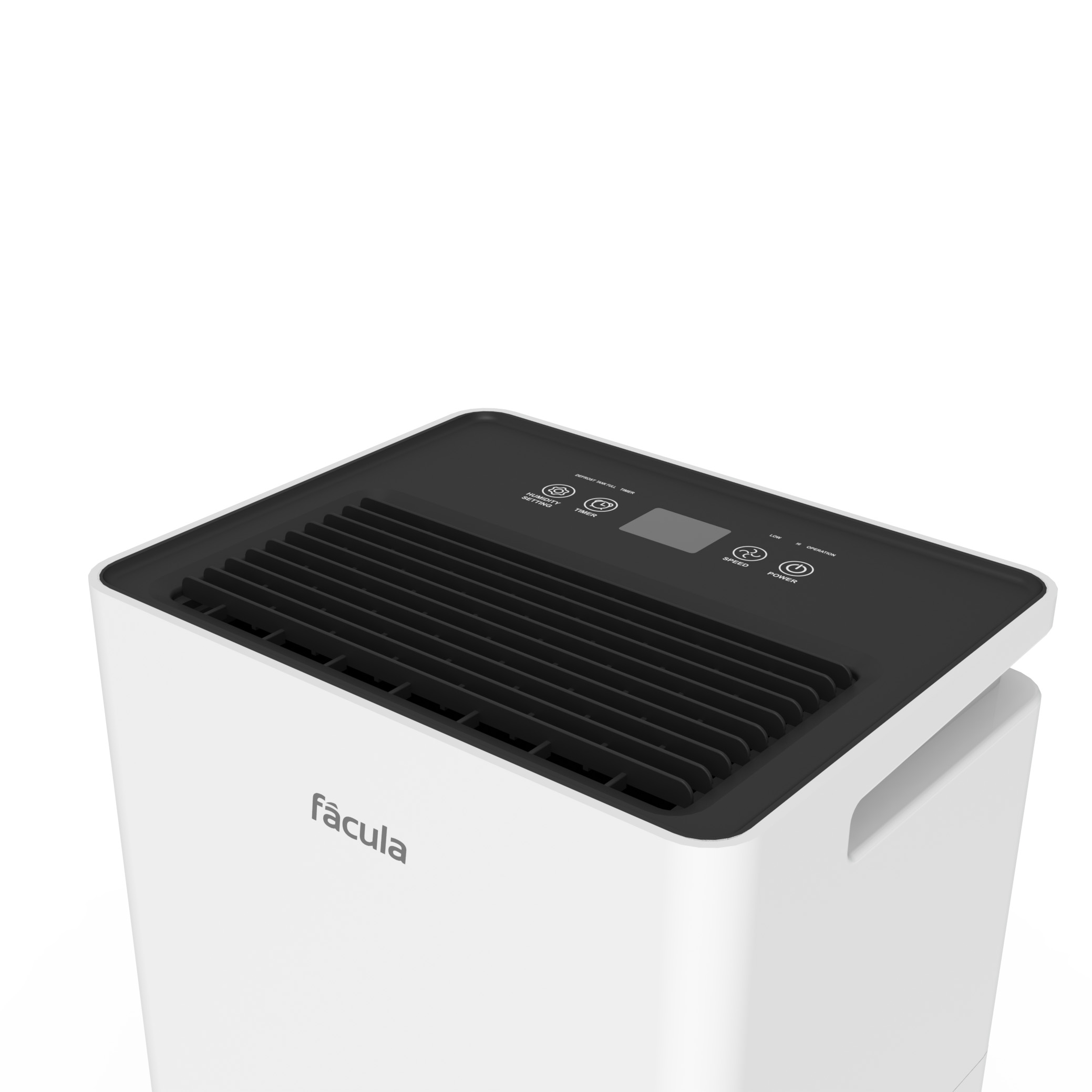 Un deshumidificador blanco con rejilla de ventilación negra en la parte superior y controles.