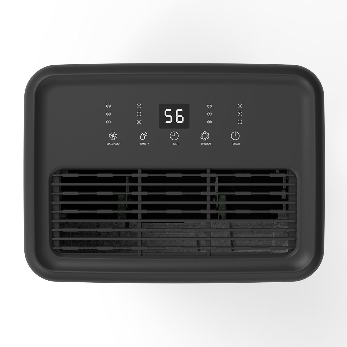 Deshumidificador negro con pantalla digital (56) e iconos de ventilador, humedad, temporizador, función, encendido.