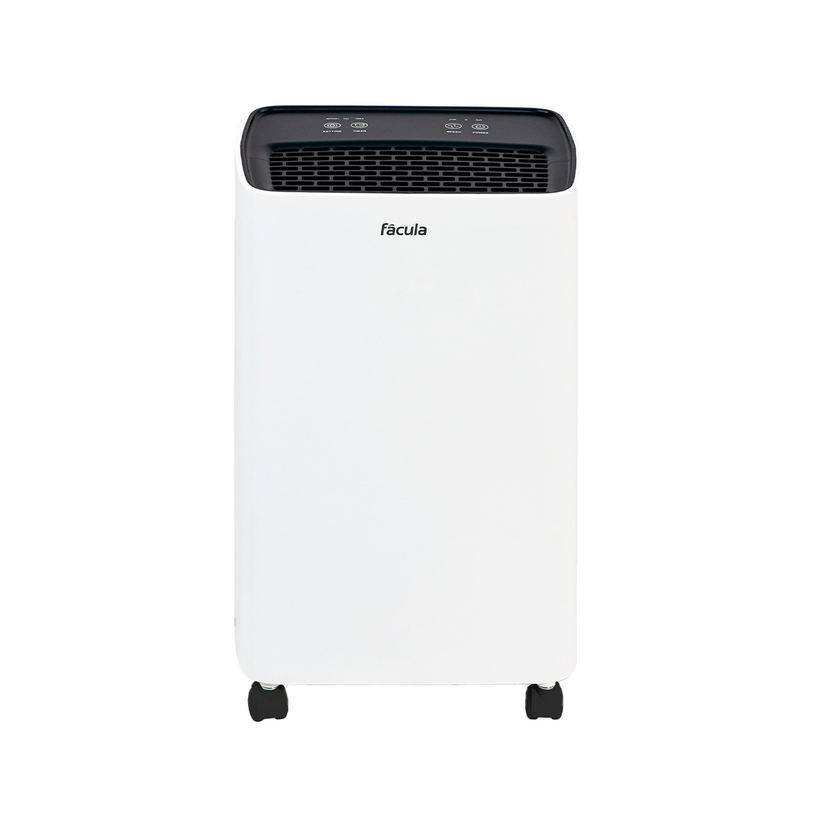 Un purificador de aire blanco con panel de control negro y ruedas.