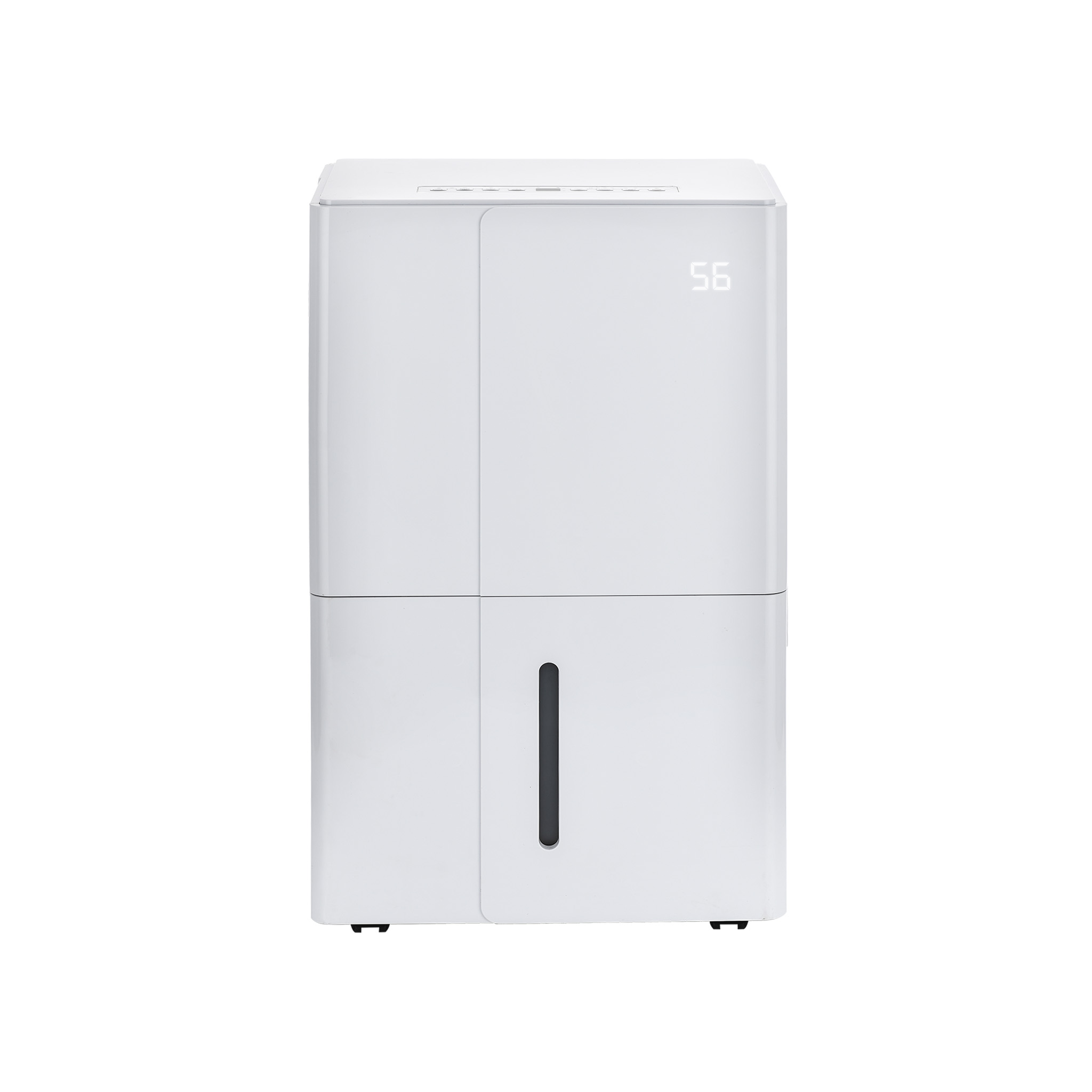 Un deshumidificador blanco con pantalla digital que muestra 56 y un tanque de agua visible.