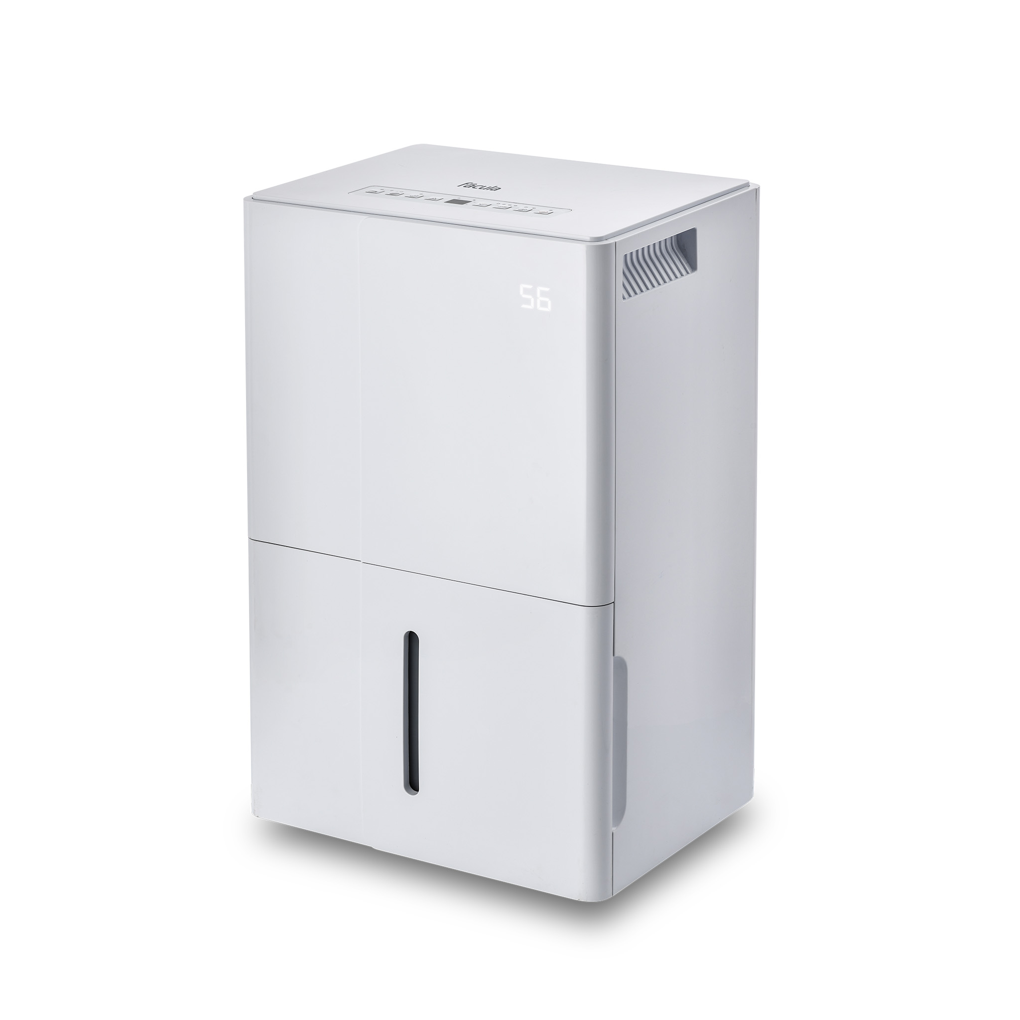 Un deshumidificador blanco con pantalla digital y depósito de agua.
