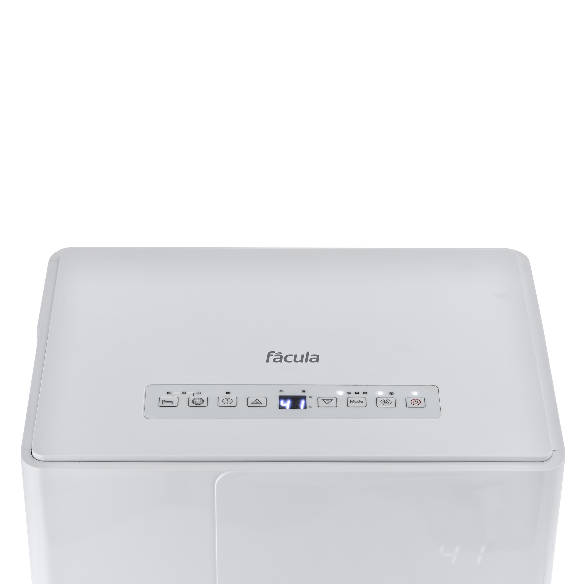 Electrodoméstico blanco con pantallas digitales e iconos de velocidad de ventilador, modo y temporizador.