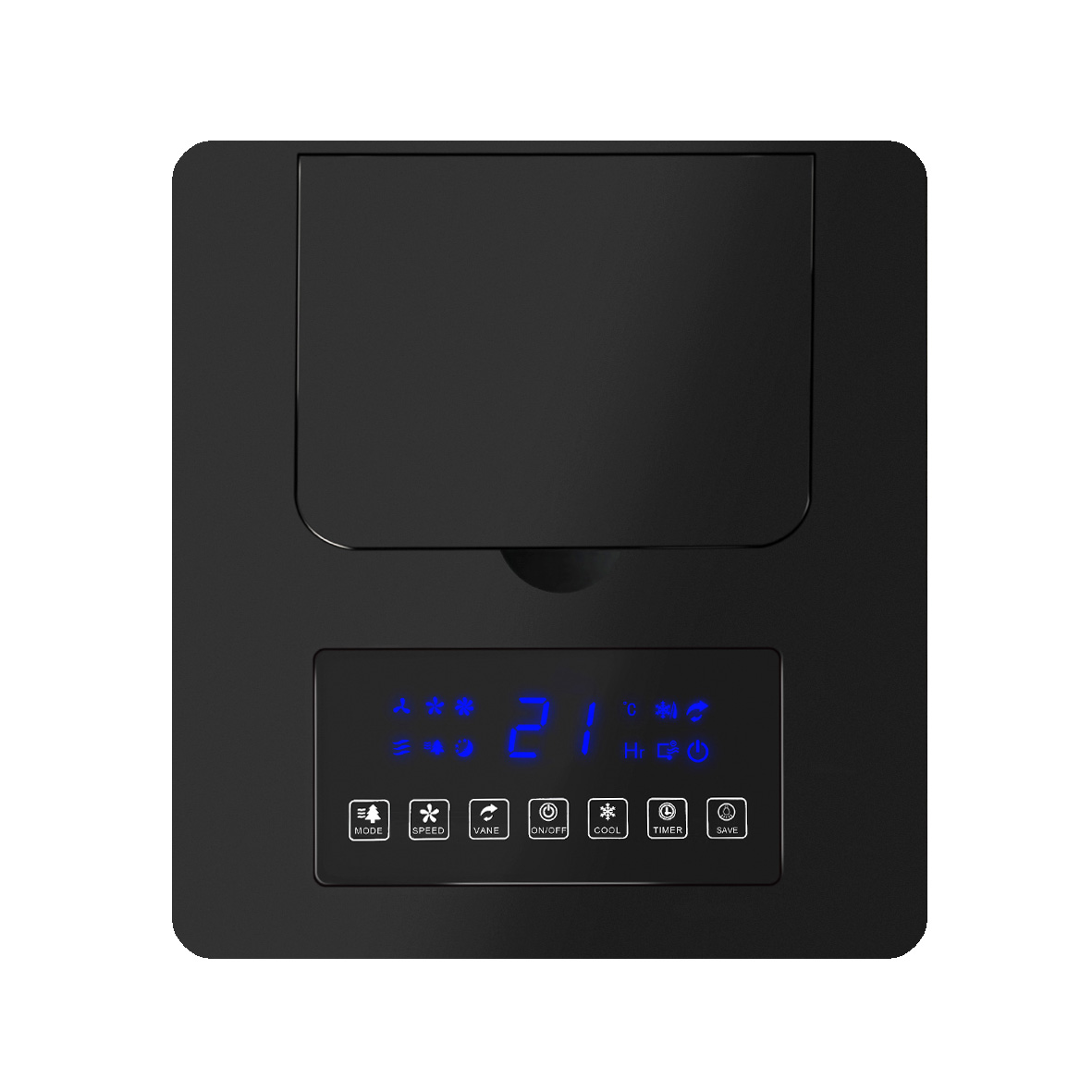 Dispositivo negro con pantalla azul que muestra "21" y botones de control.