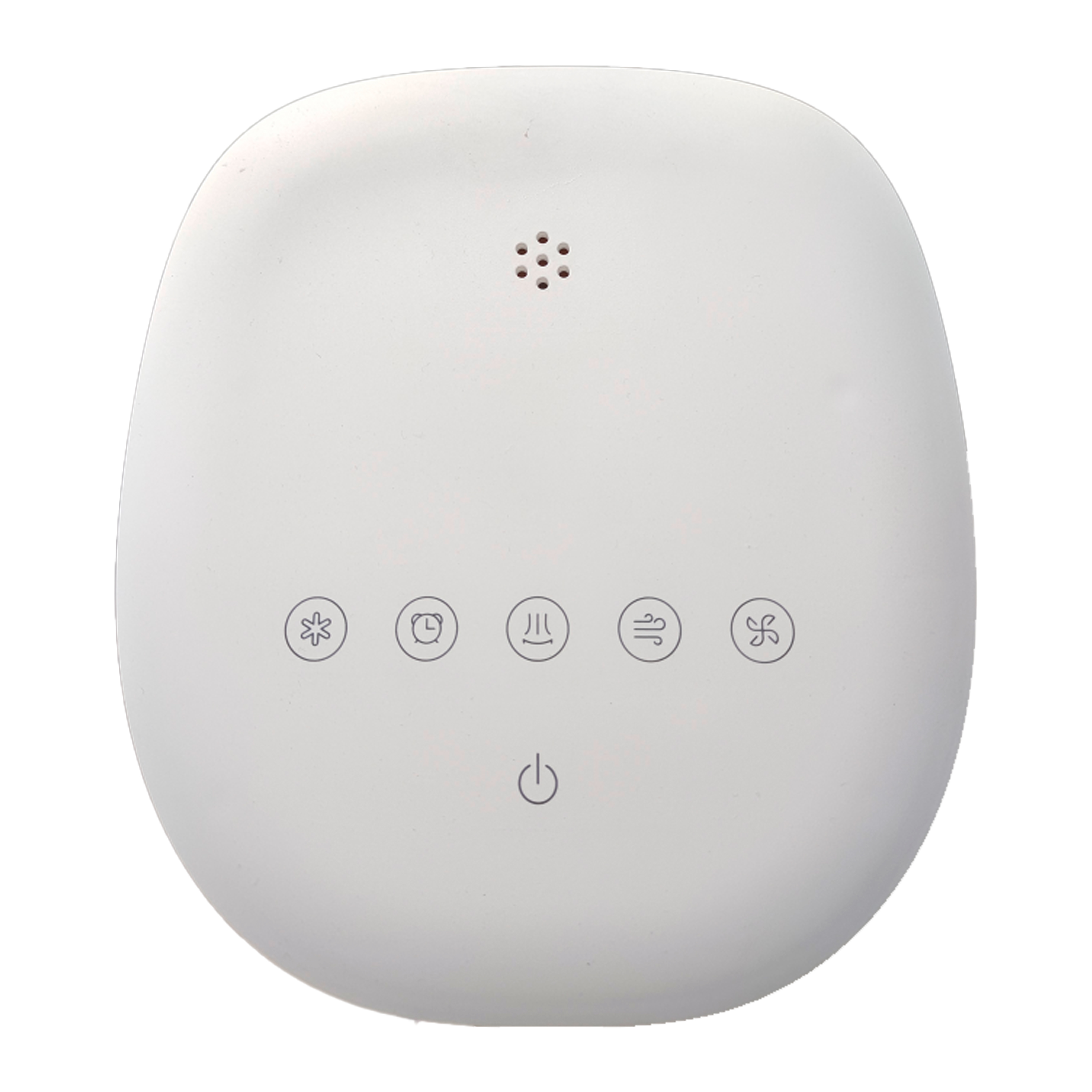 Un dispositivo blanco con iconos de ventilador, temporizador, flujo de aire y encendido.