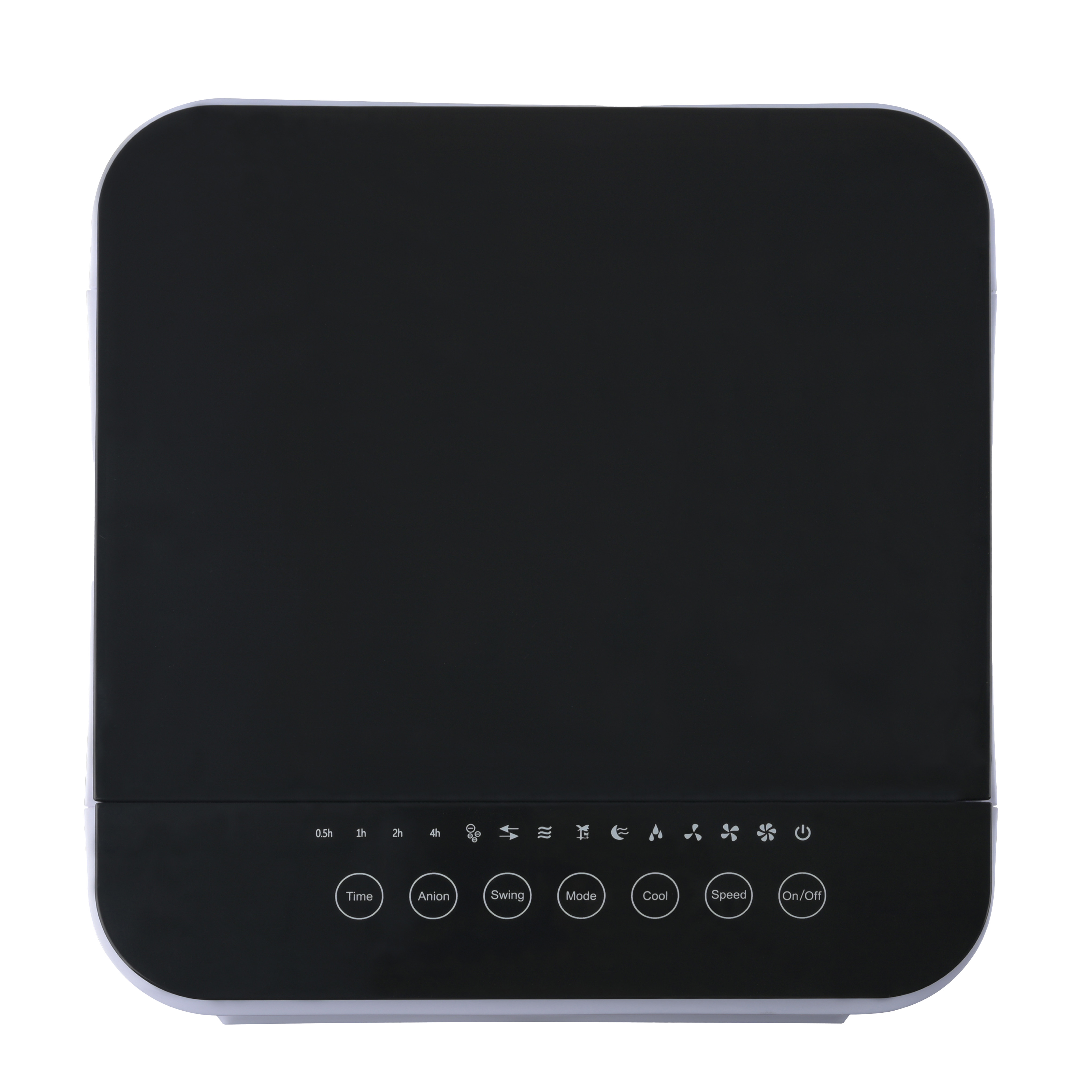 Un enfriador de aire negro con controles e iconos blancos en el panel frontal.