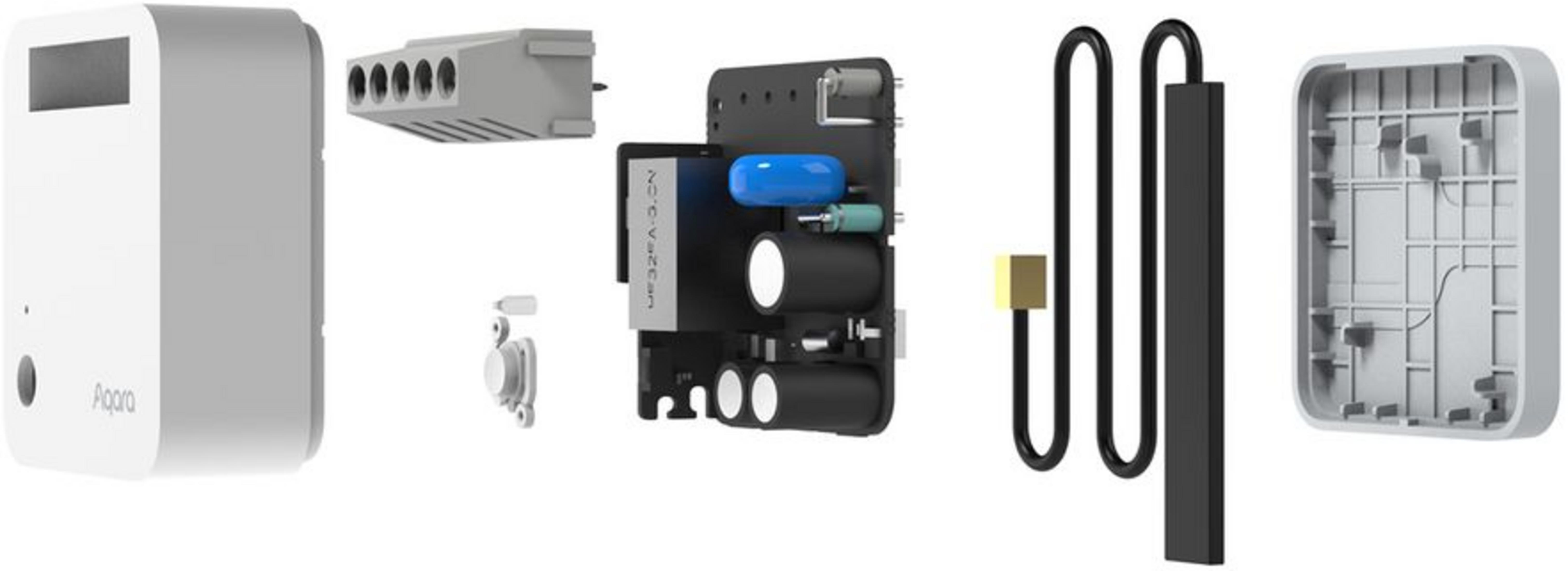Componenti smontati di un dispositivo smart home bianco su sfondo bianco.