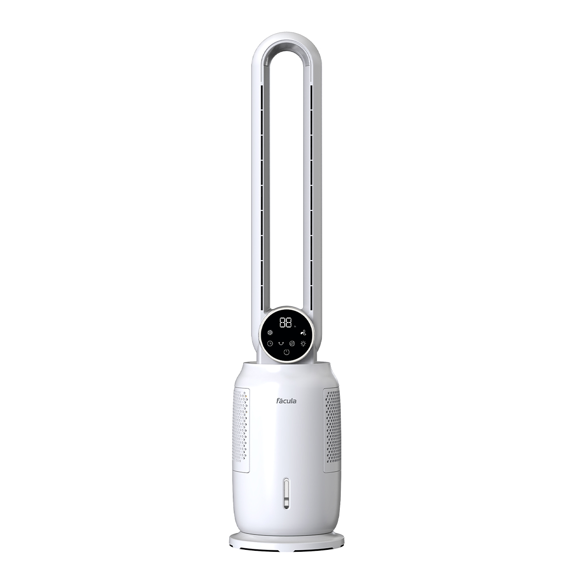 Un elegante ventilador de torre blanco con pantalla digital y panel de control.