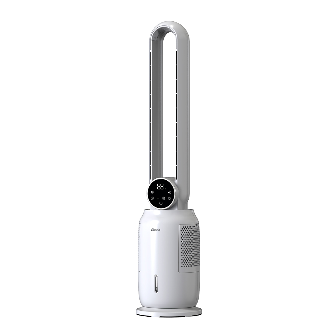 Un moderno ventilador de torre blanco con pantalla digital y botones de control.