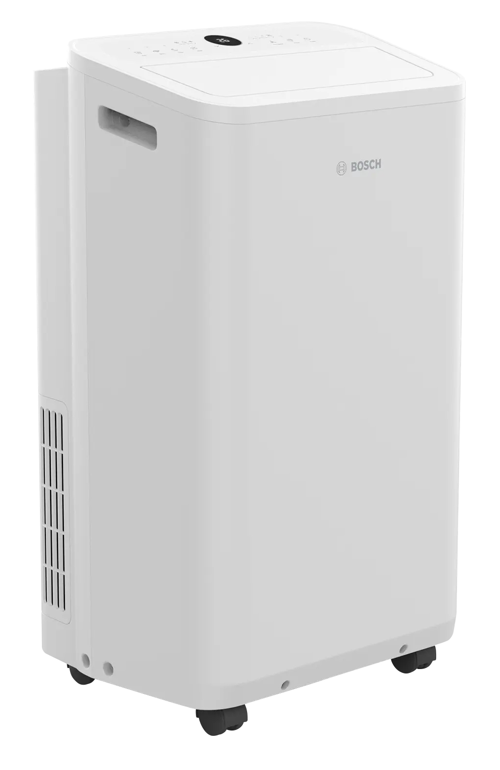 Ein weißer, mobiler Bosch Klimaanlage mit Rädern und Lüftungsschlitzen.