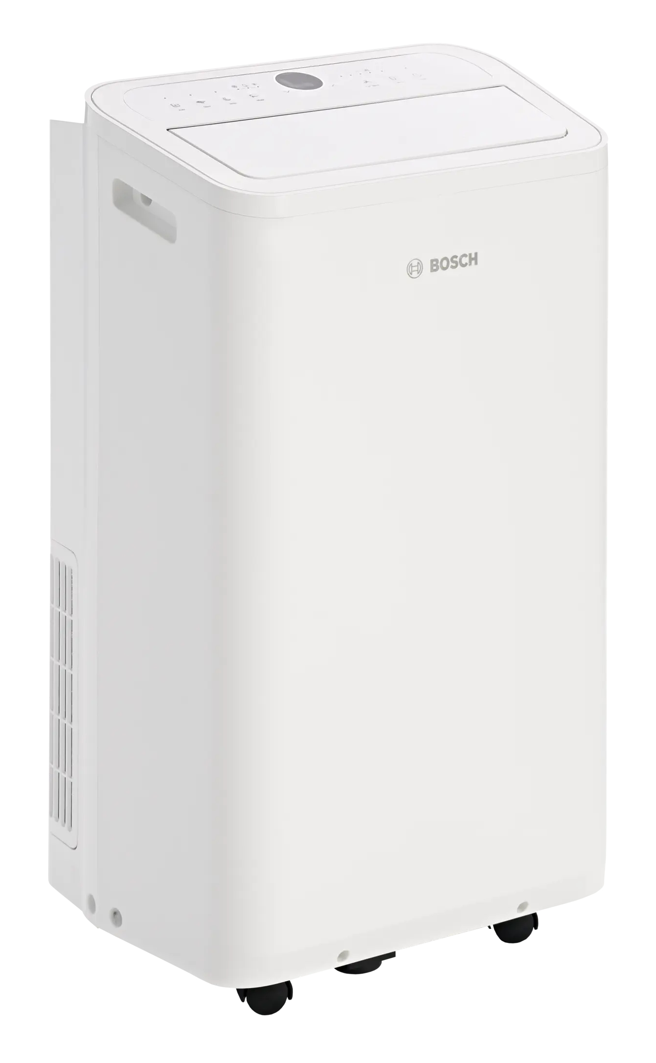 Ein weißer Bosch Klimaanlagen-Turm mit Bedienelementen und Rädern.