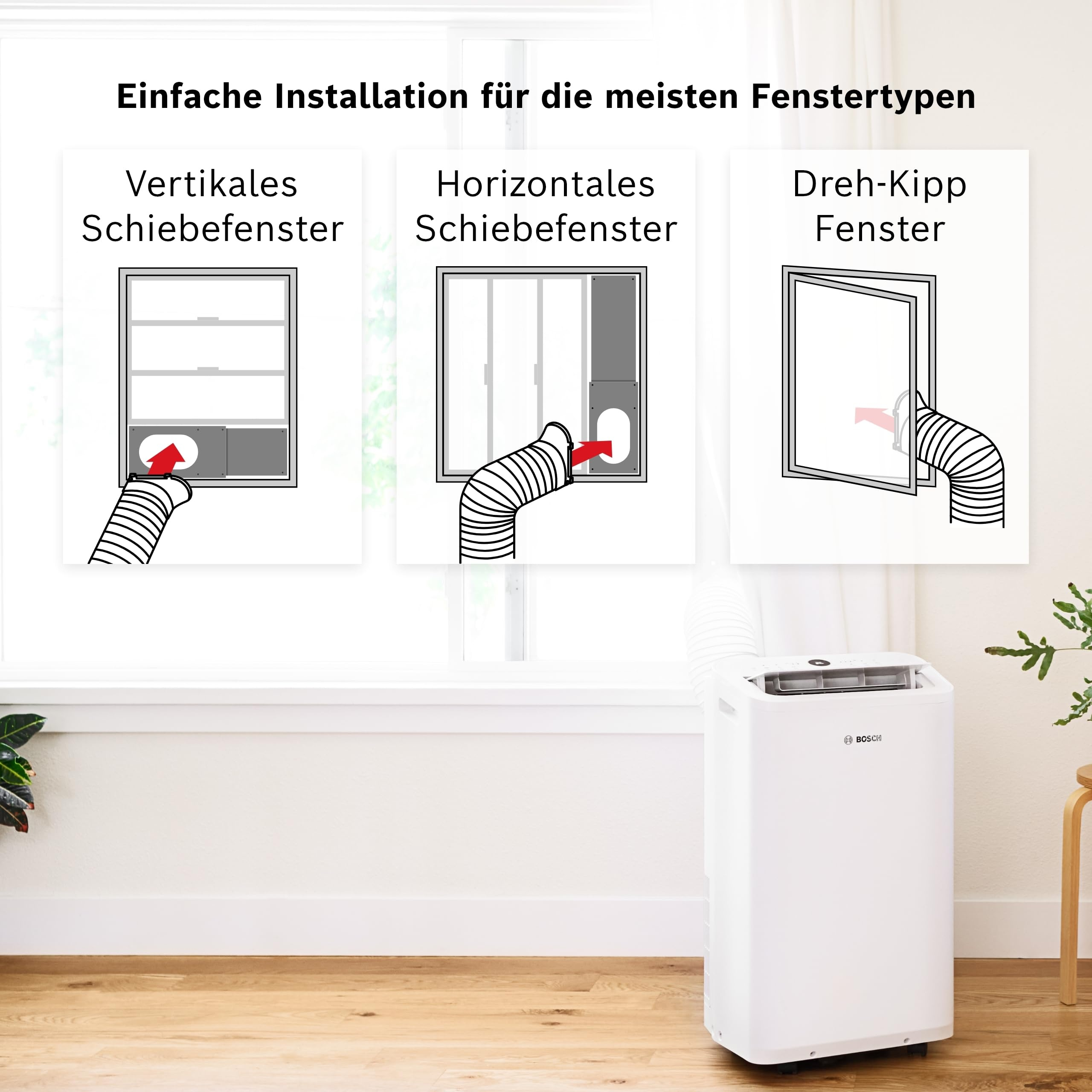 Illustrationen zeigen Installation eines Klimageräts an verschiedenen Fenstertypen.