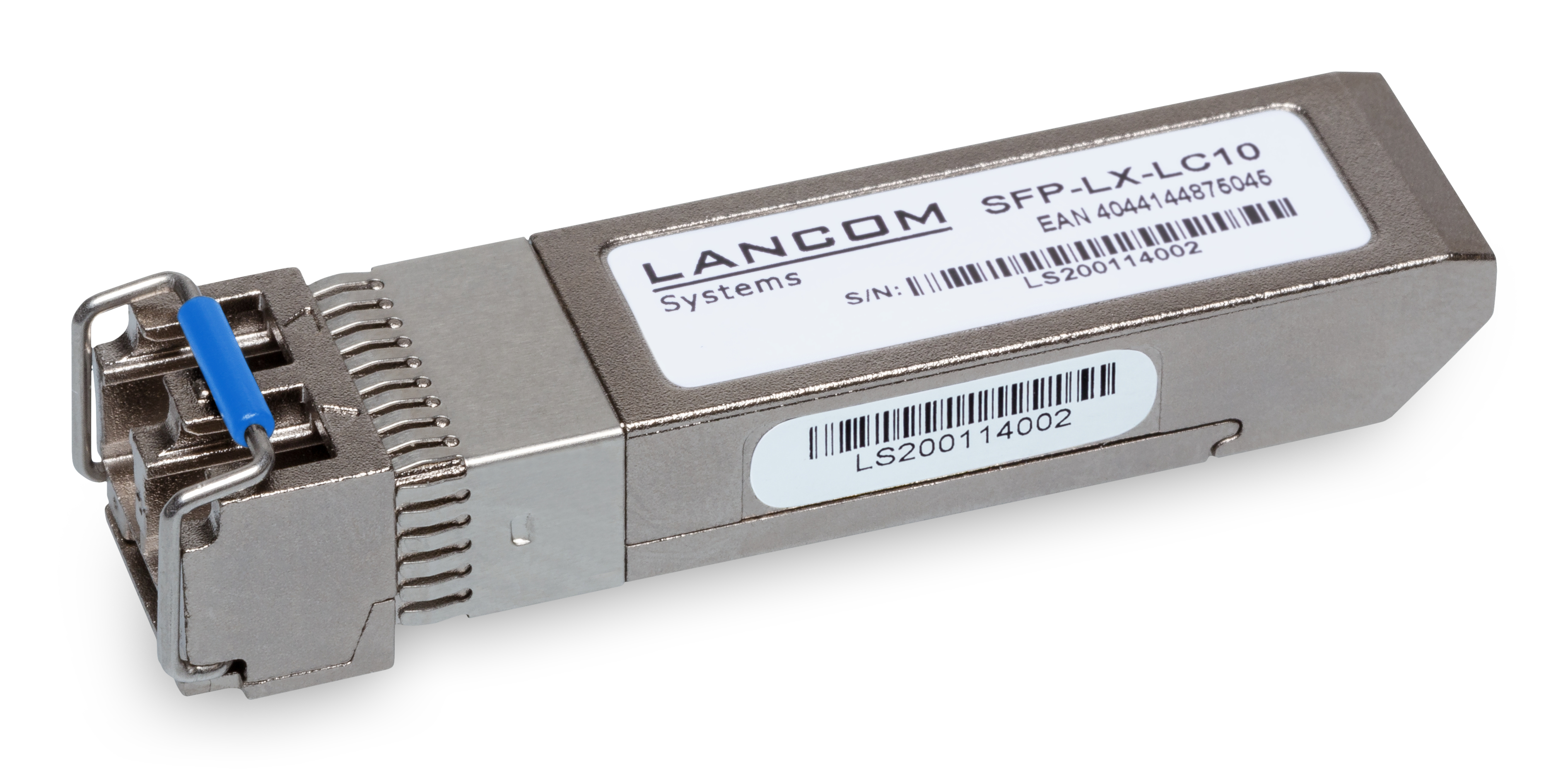 Ein silberner LANCOM SFP-LX-LC10 Transceiver mit blauer Lasche und Etiketten.
