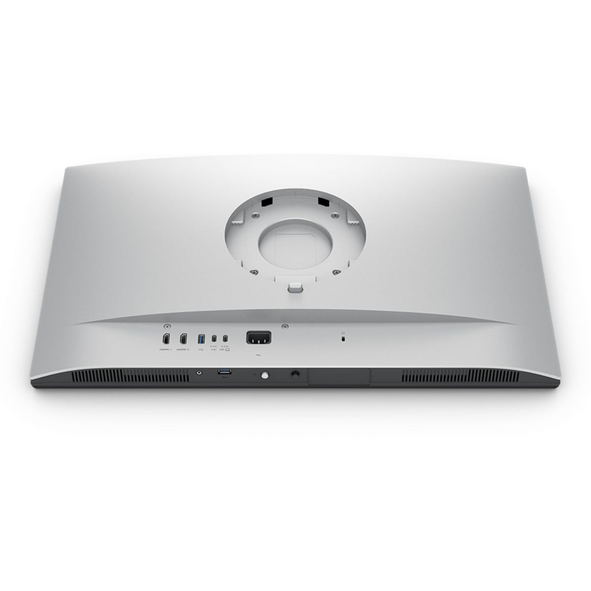 Back of a silver monitor showing ports and ventilation slits.