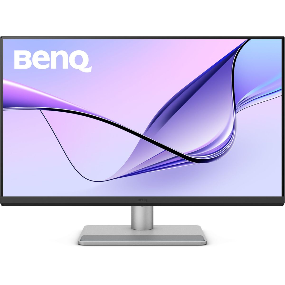 A silver BenQ monitor displays an abstract purple and white wavy background.