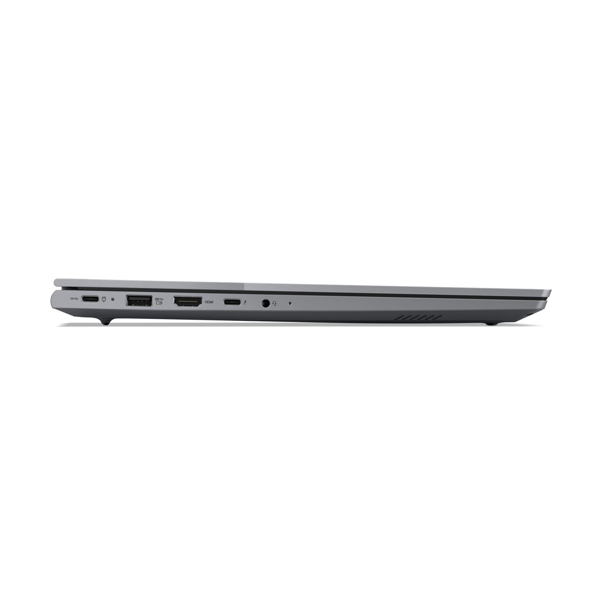 Gri dizüstü bilgisayar yan görünüm, portlar: USB-C, HDMI, ses jakı.