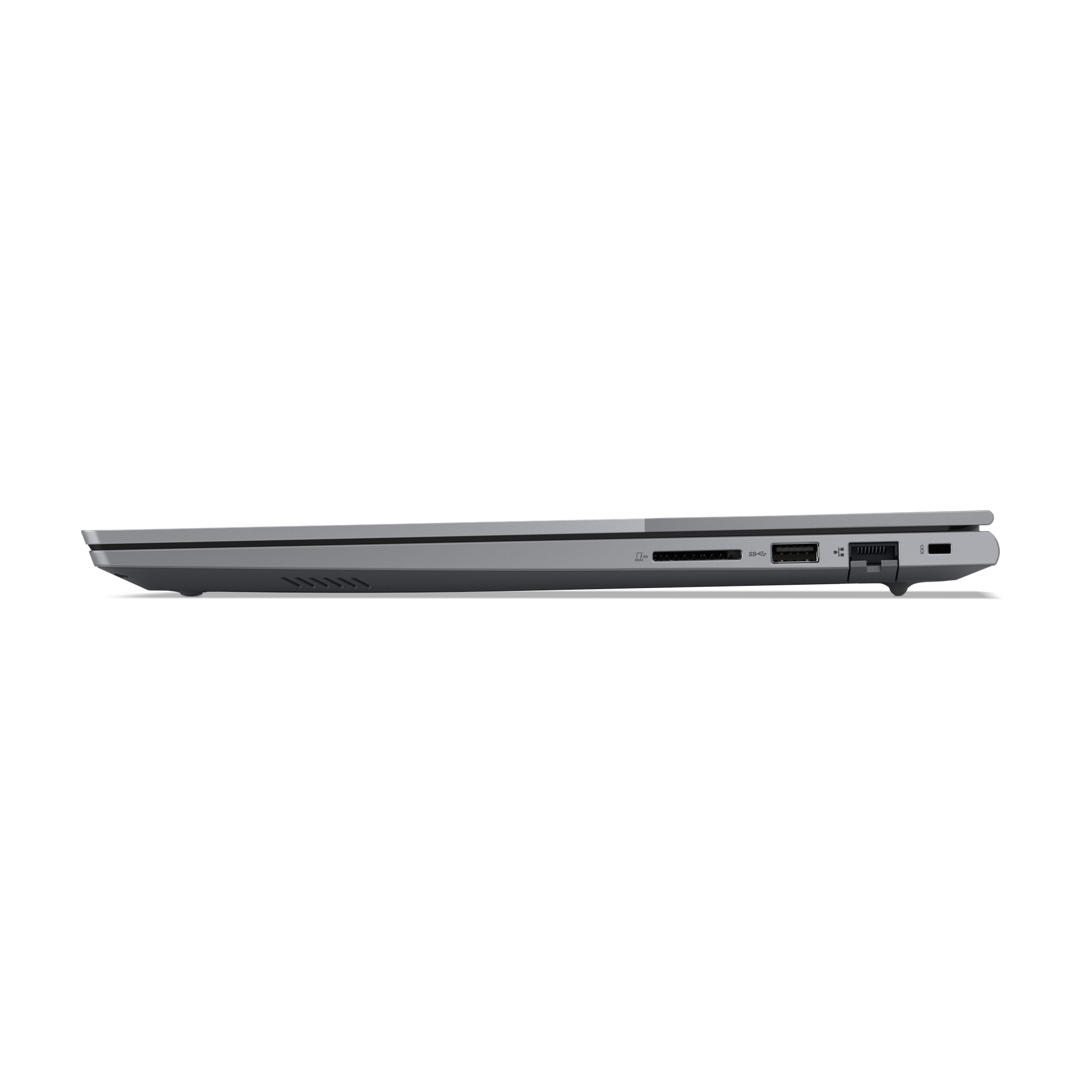 Gri renkli dizüstü yan görünümü, portlar: SD kart okuyucu, USB-A, USB-C, Ethernet.