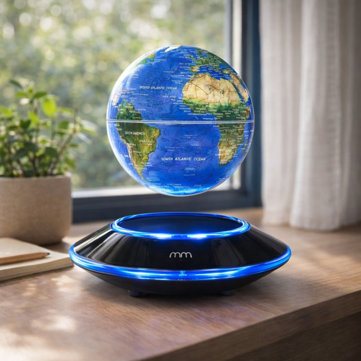 Een zwevende globe met blauwe lichten op een zwarte basis staat op een houten bureau.