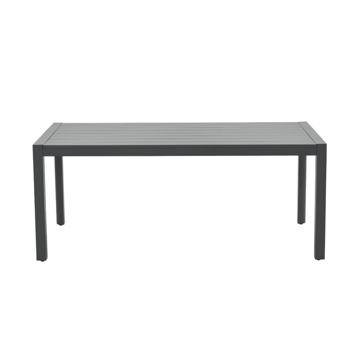 A rectangular grey table with a slatted surface and four legs.