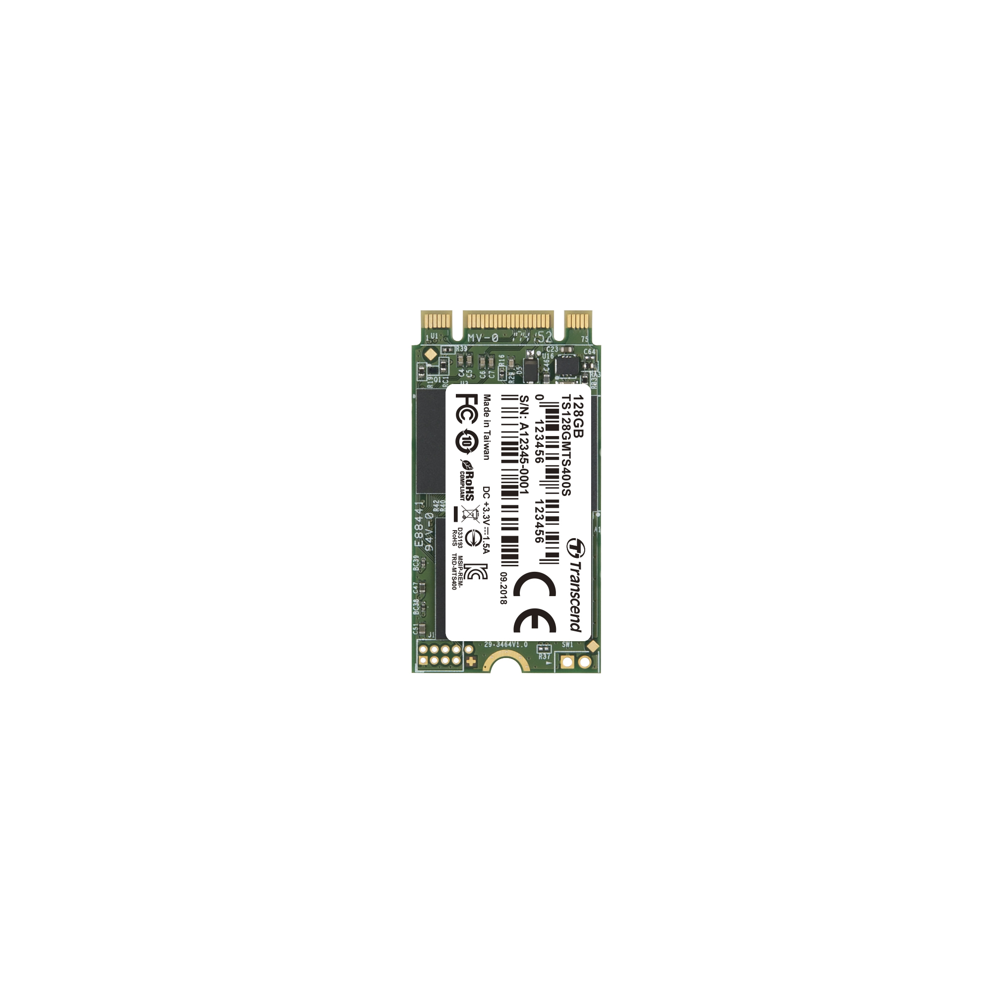 Viene mostrato un SSD Transcend da 128GB, modello TS128GMTS400S. Ha una scheda a circuito stampato verde.