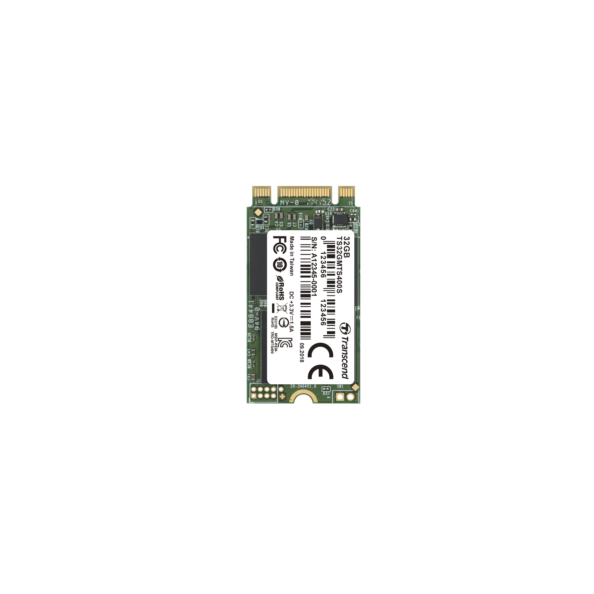 Un modulo di archiviazione SSD M.2 Transcend MTS400S da 32 GB con etichette.