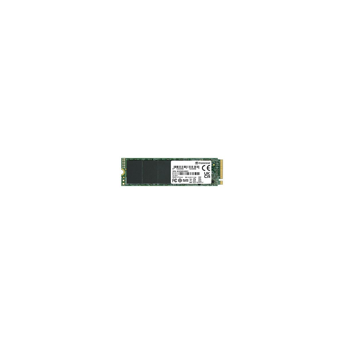Un SSD M.2 con logo Transcend, marchi CE e UKCA.