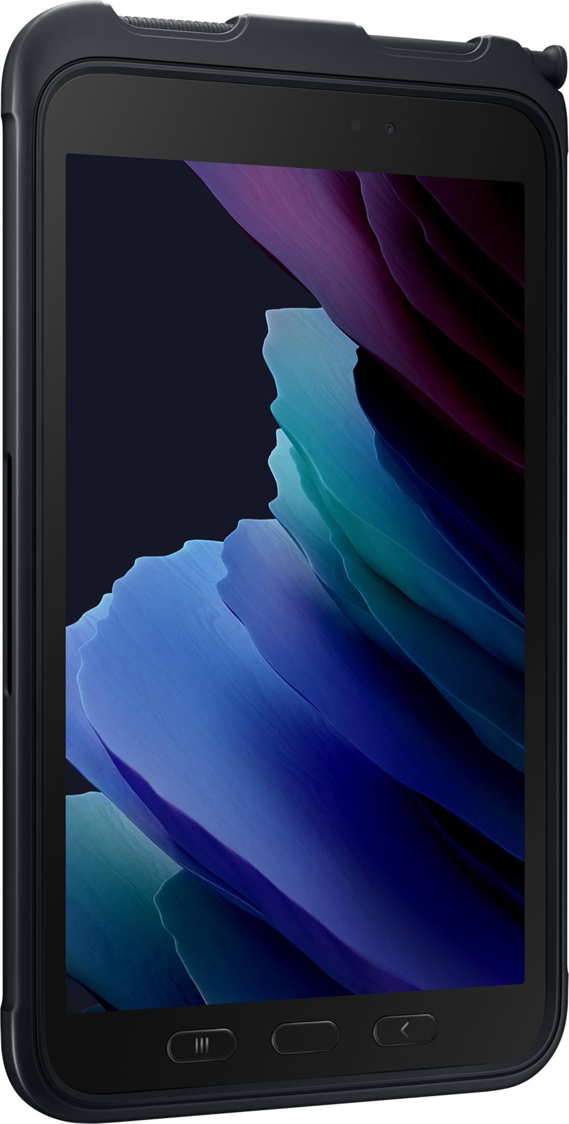 Un tablet scuro con uno sfondo astratto vibrante blu, viola e verde acqua. Tre pulsanti in basso.