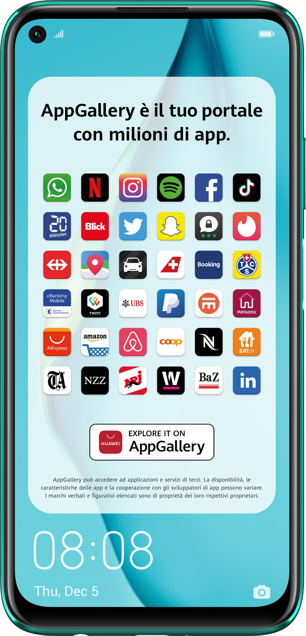 Smartfon wyświetla Huawei AppGallery z ikonami aplikacji i godziną 08:08.