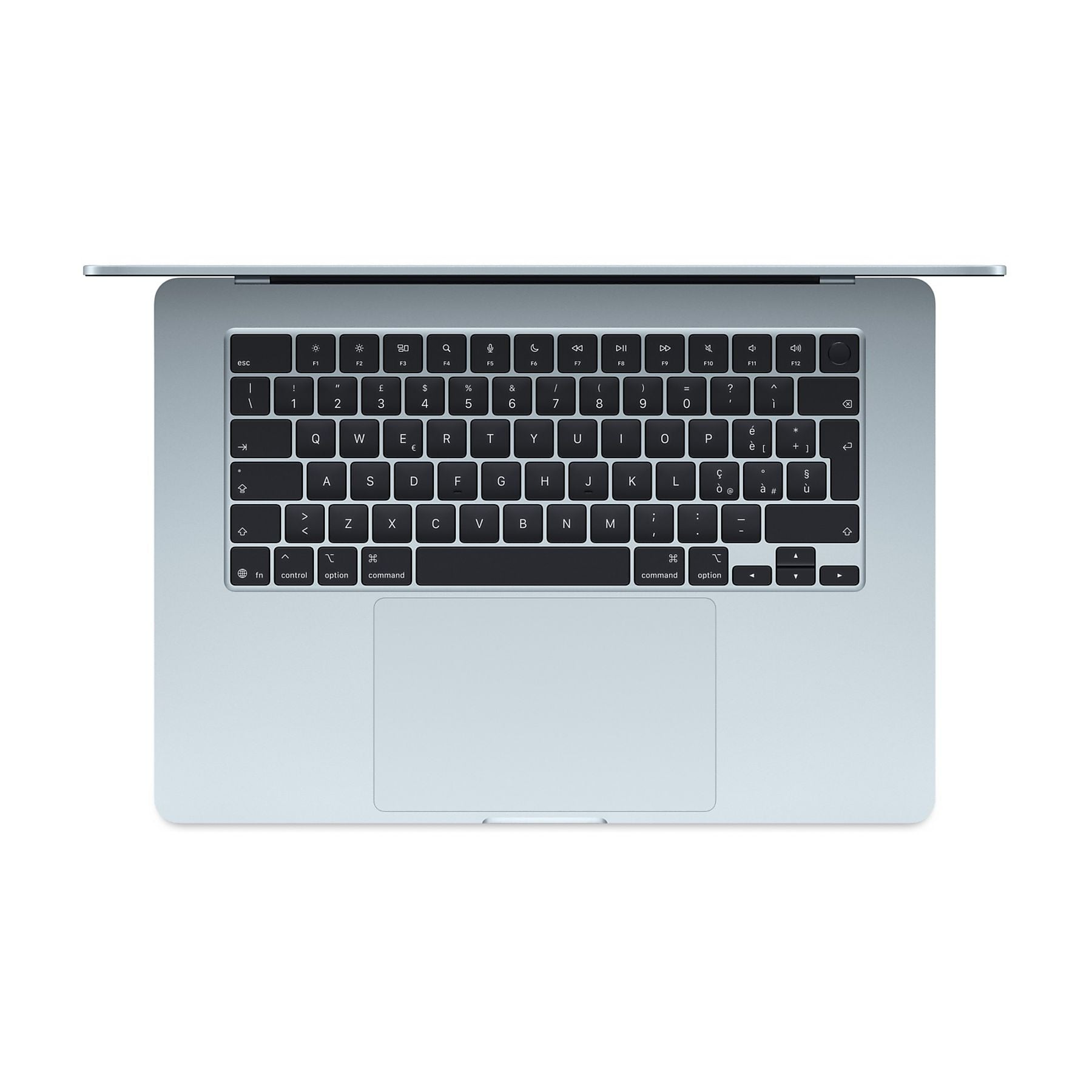 Jasnoszary MacBook Apple z otwartą pokrywą, widok z góry.