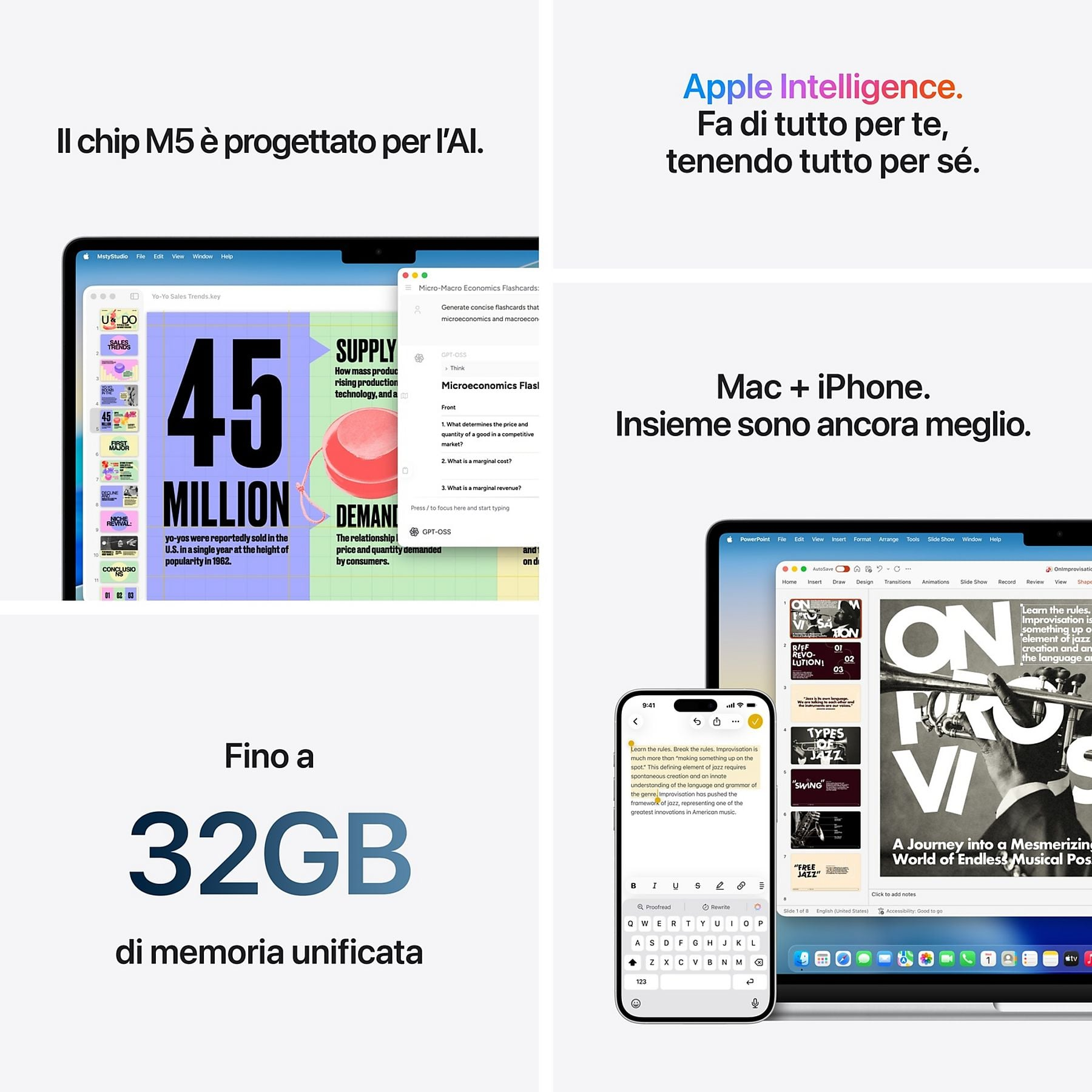 Urządzenia Apple z tekstem o sztucznej inteligencji, pamięci i prezentacji jazzowej.